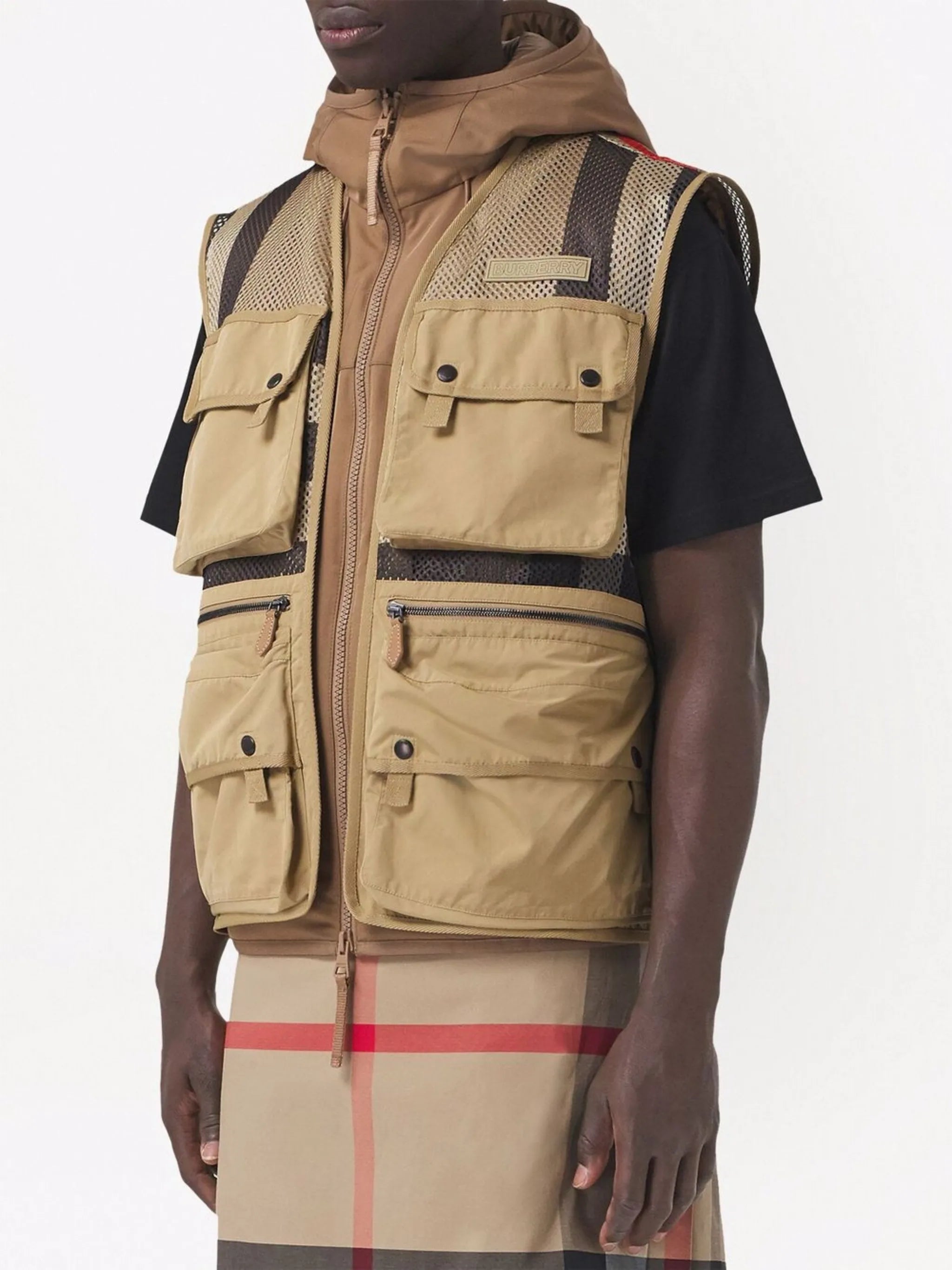 detachable-gilet check hooded jacket