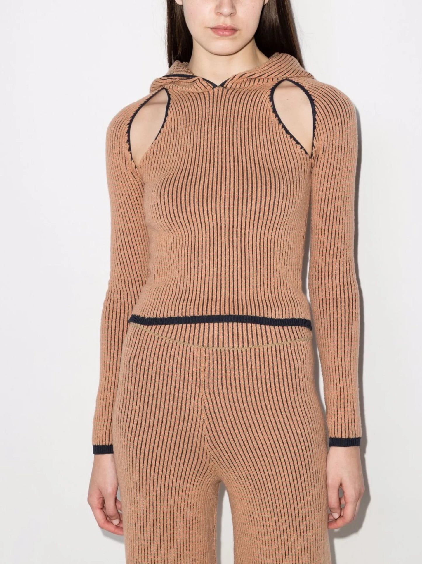 Pixel cut-out hooded ribbed top