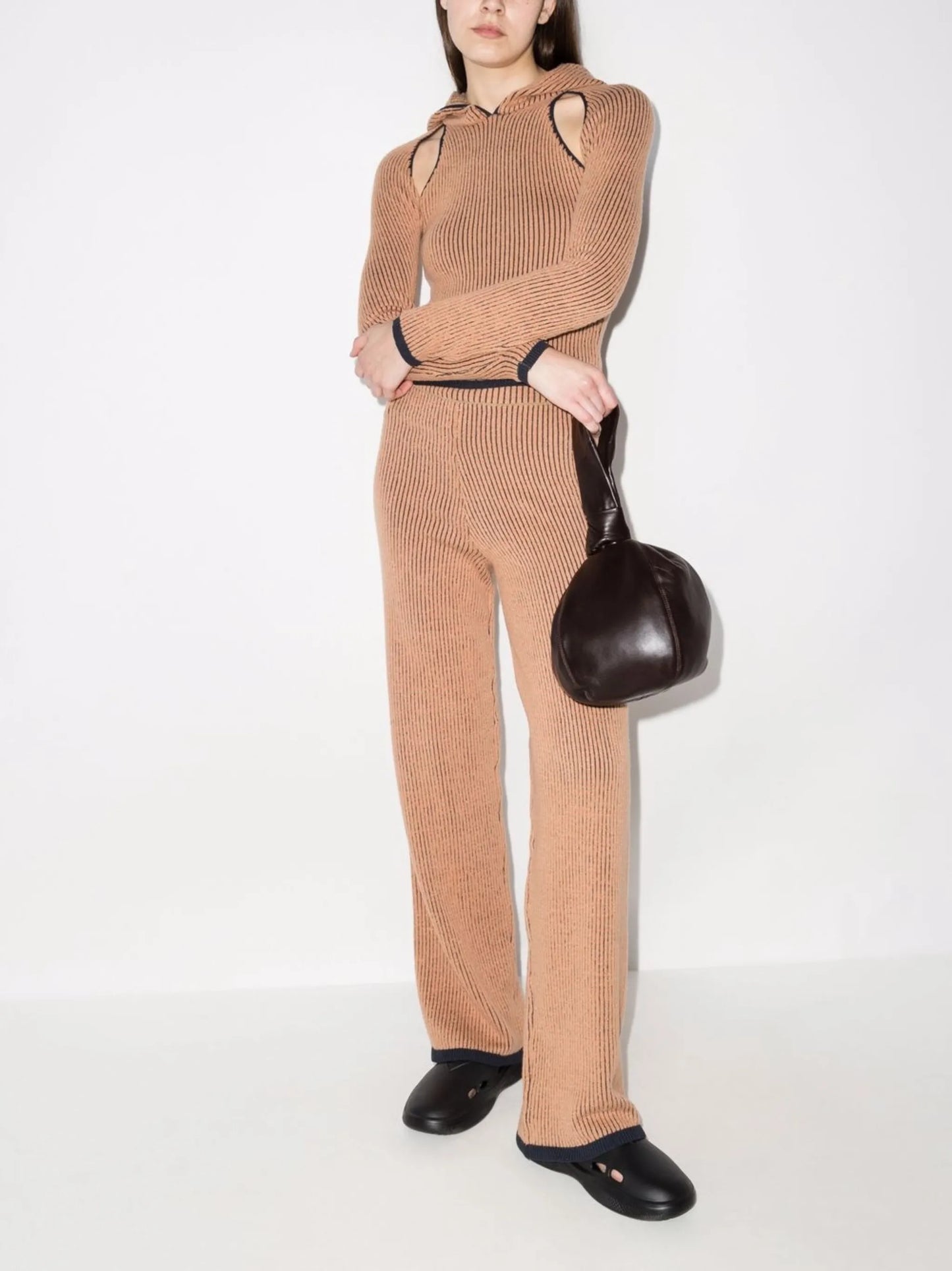 Pixel cut-out hooded ribbed top