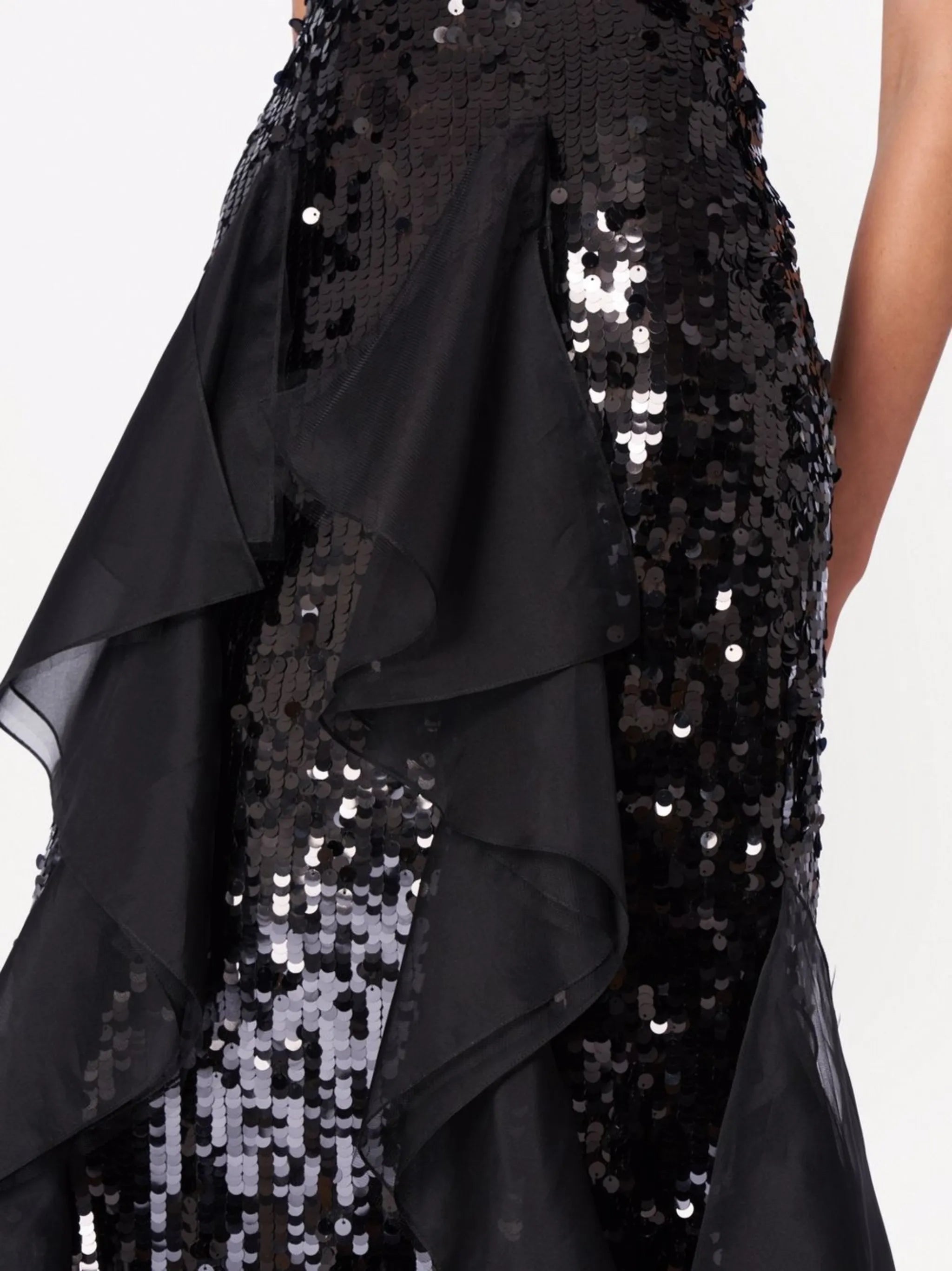 sequinned ruffle-trim fishtail gown