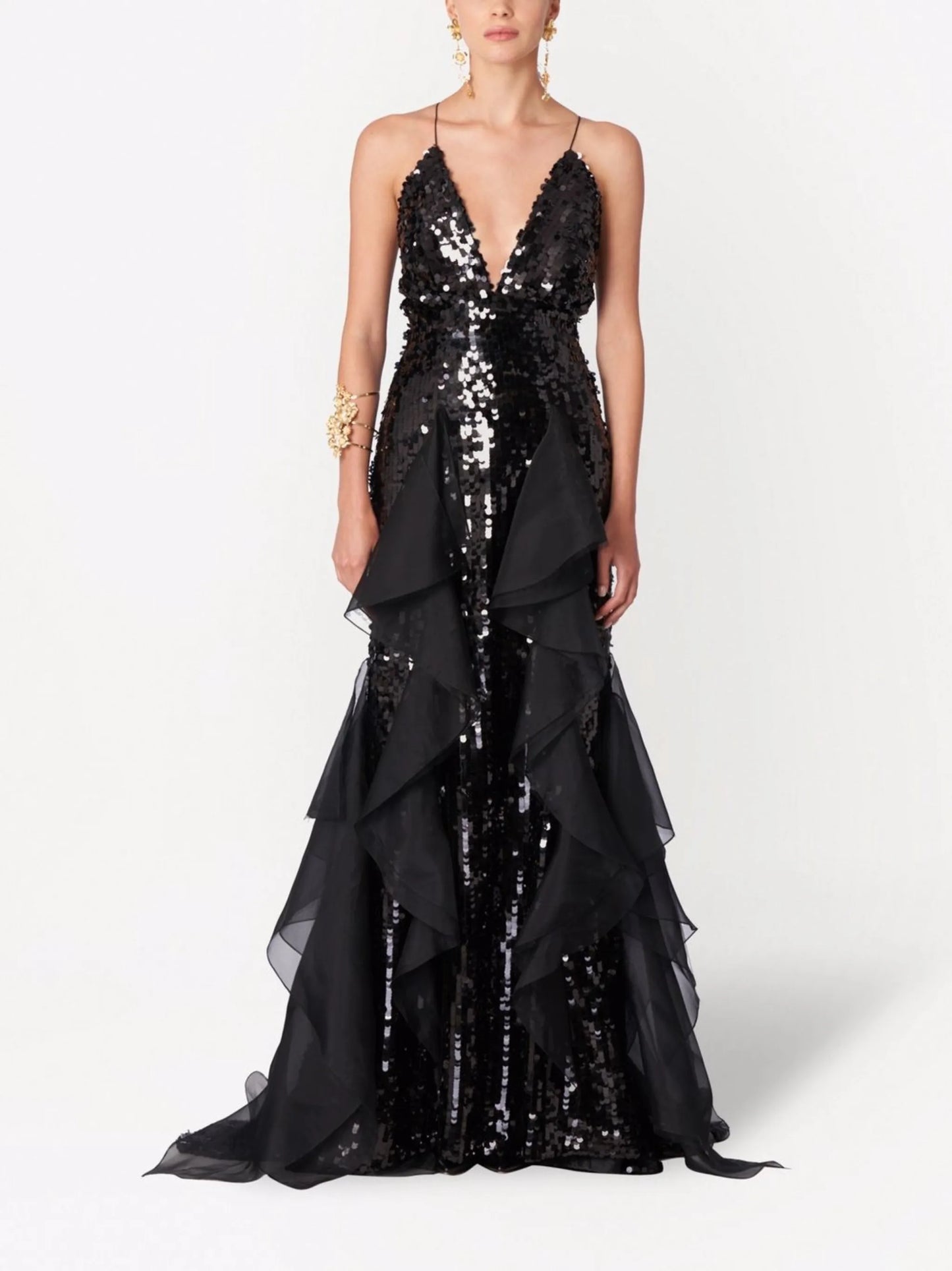 sequinned ruffle-trim fishtail gown