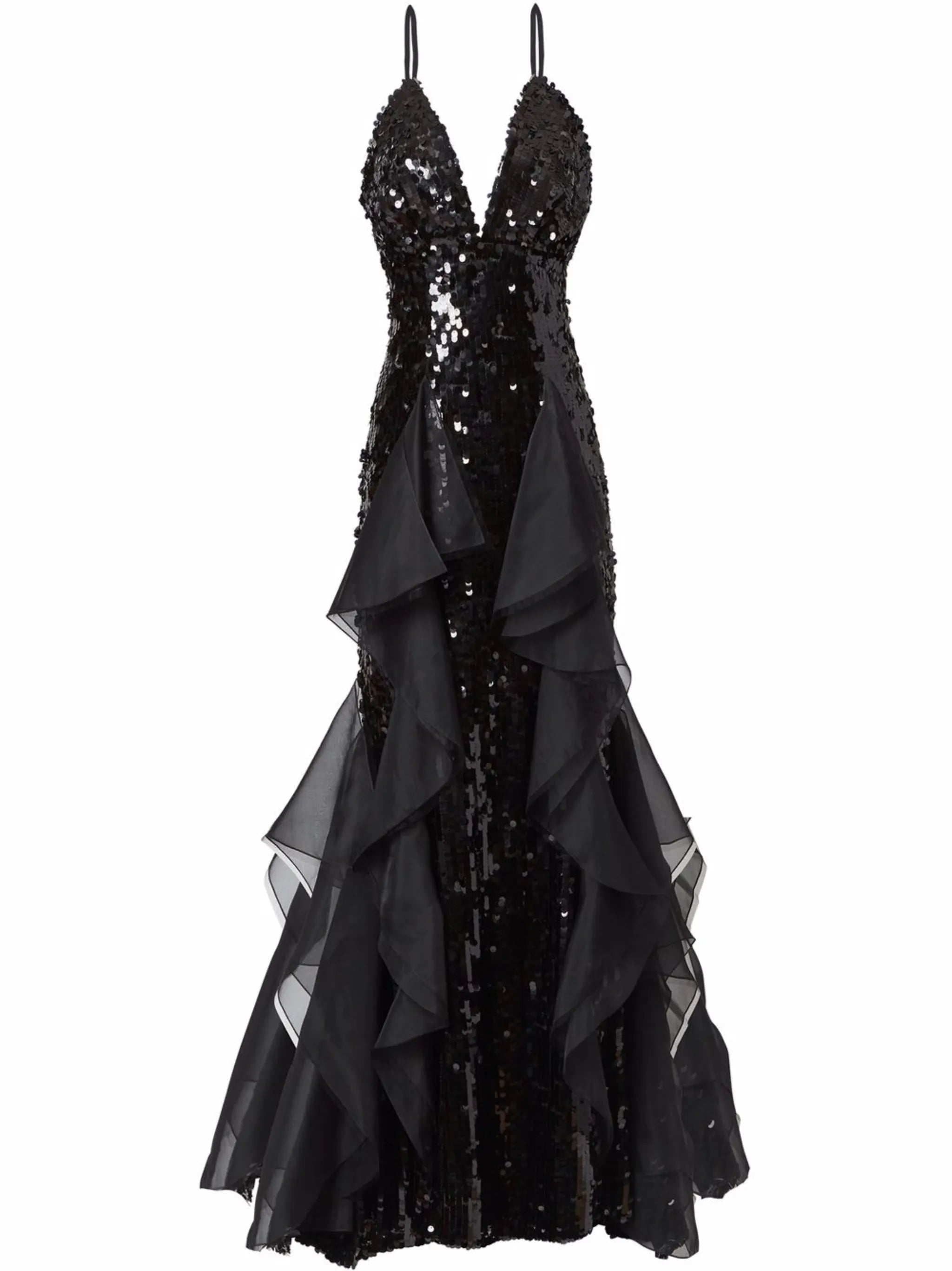 sequinned ruffle-trim fishtail gown