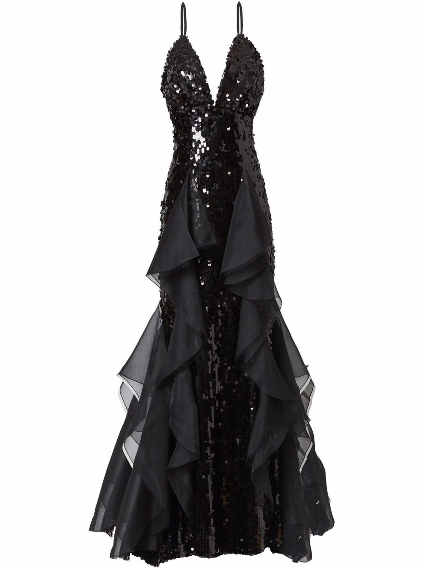 sequinned ruffle-trim fishtail gown