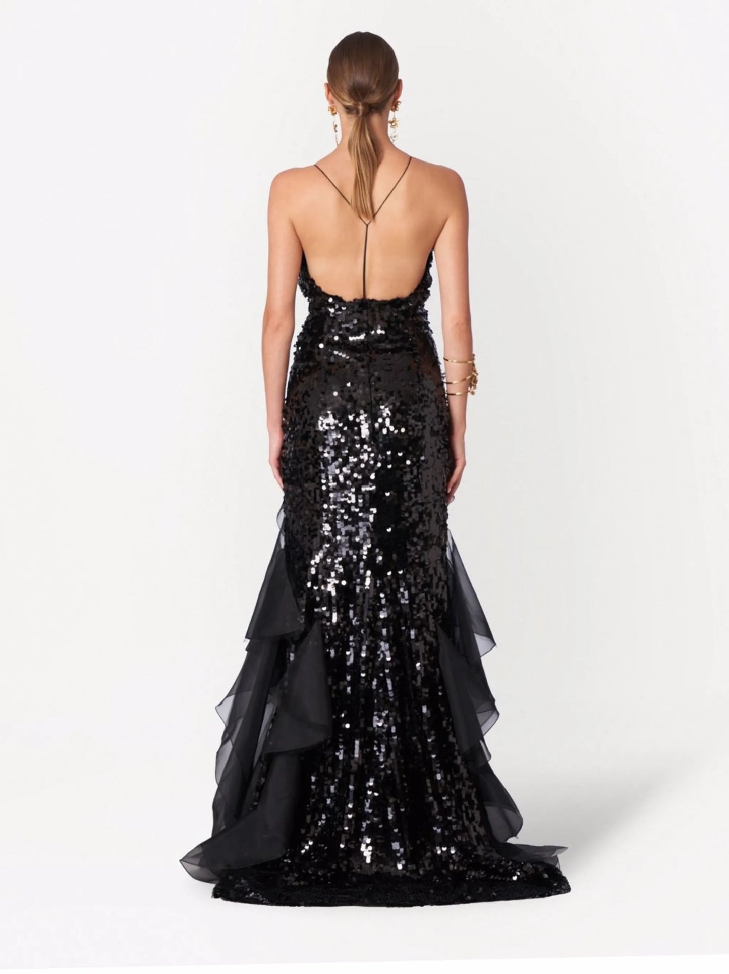 sequinned ruffle-trim fishtail gown