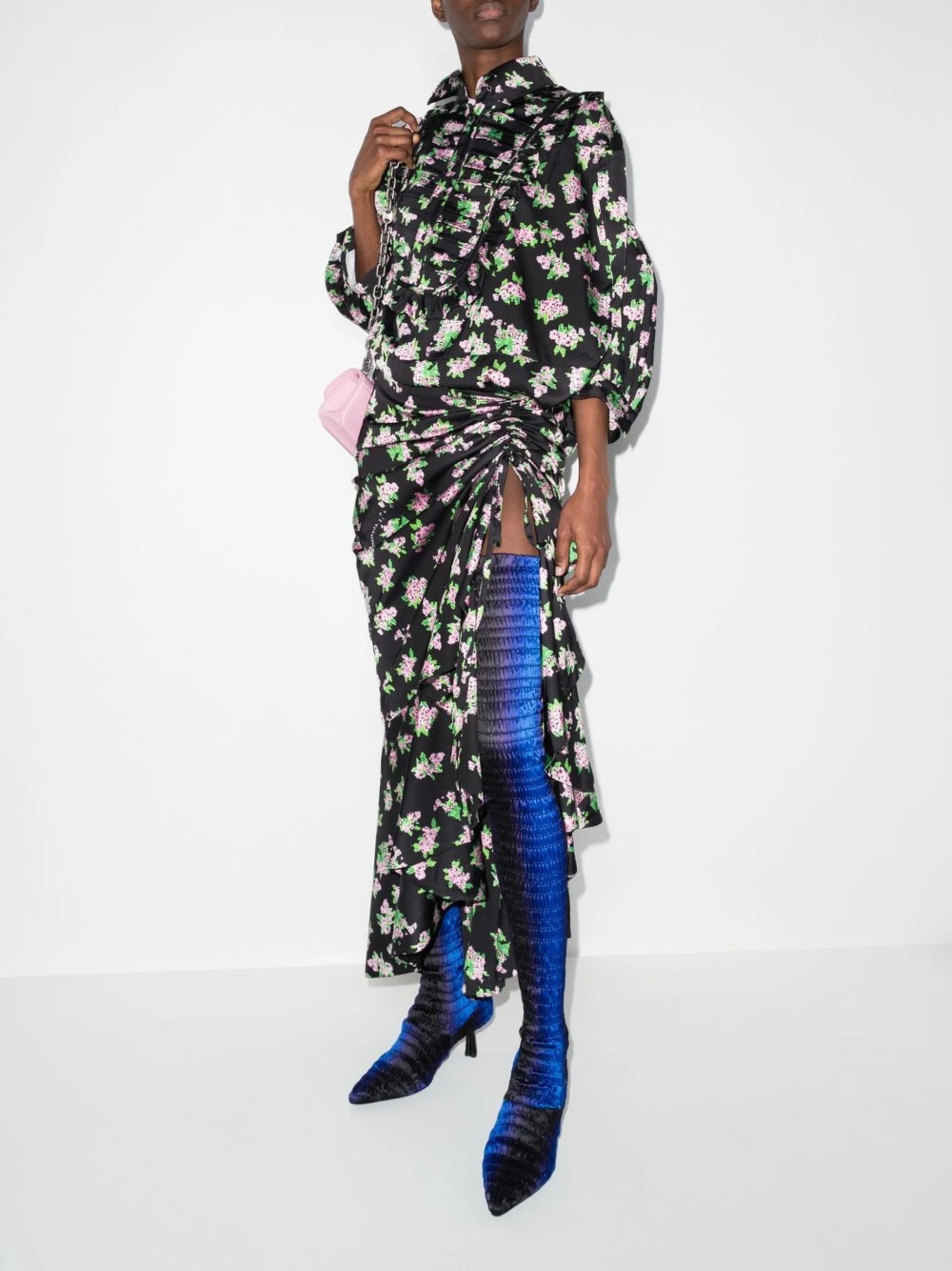 Pixel flower-print draped maxi dress