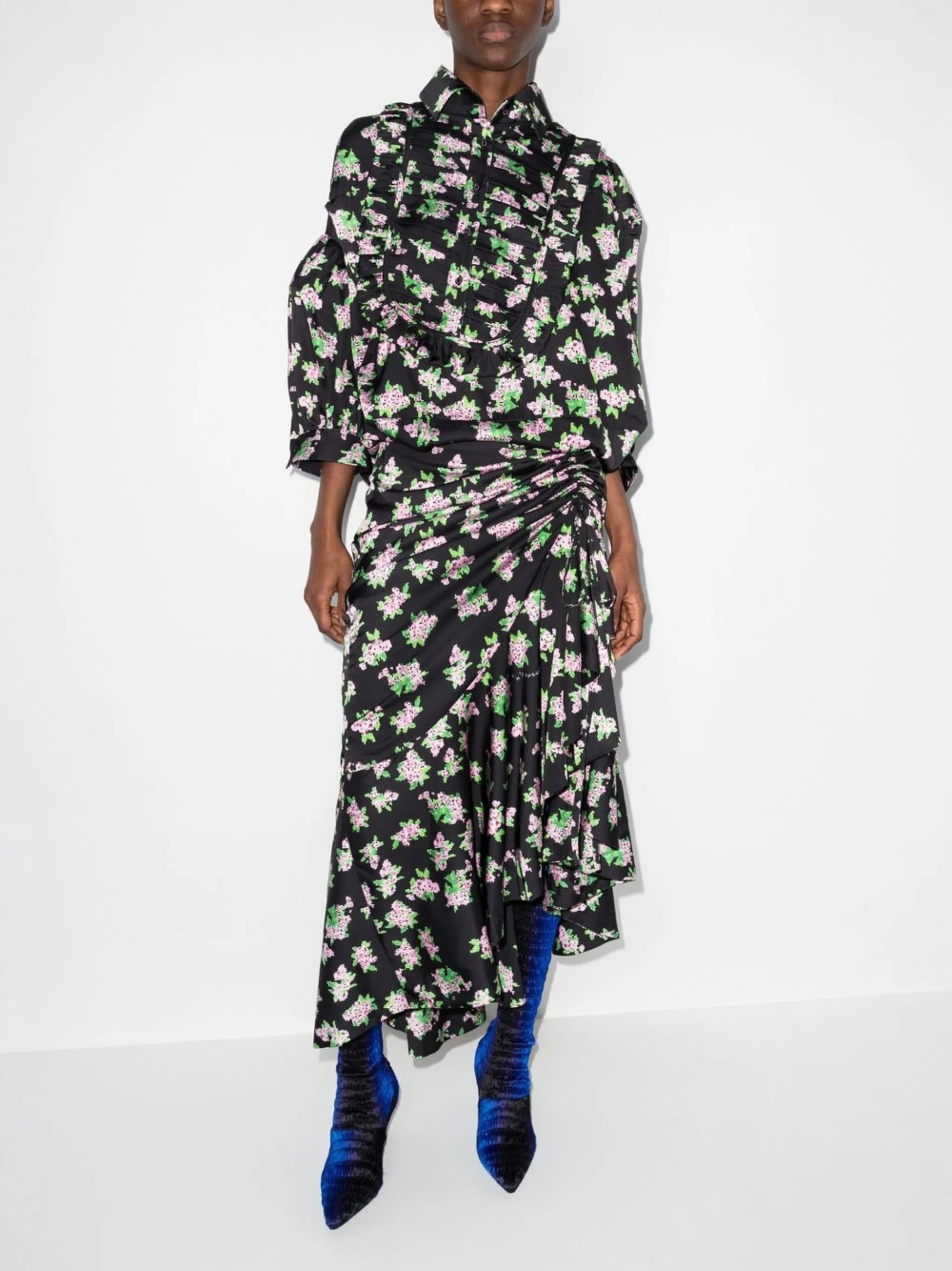 Pixel flower-print draped maxi dress