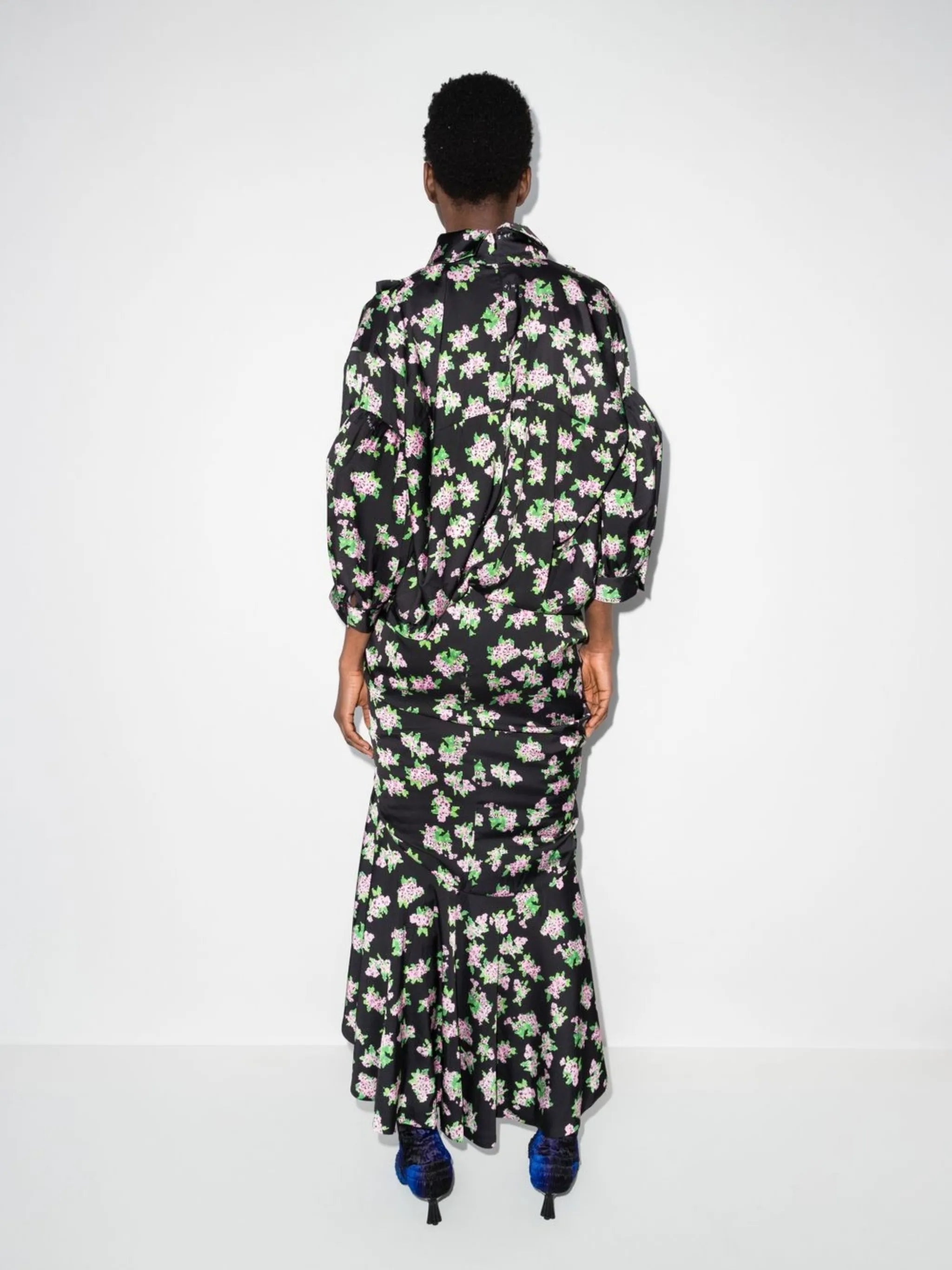 Pixel flower-print draped maxi dress