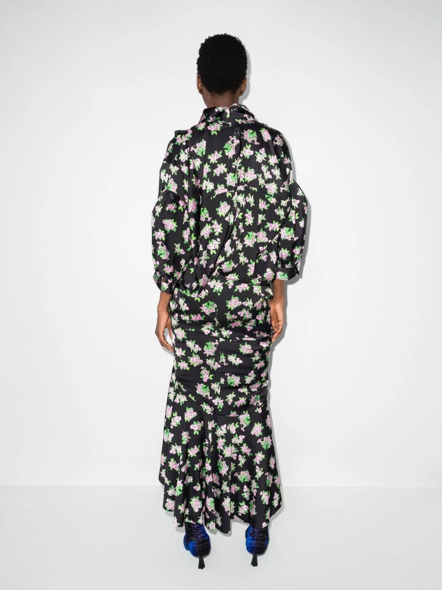 Pixel flower-print draped maxi dress