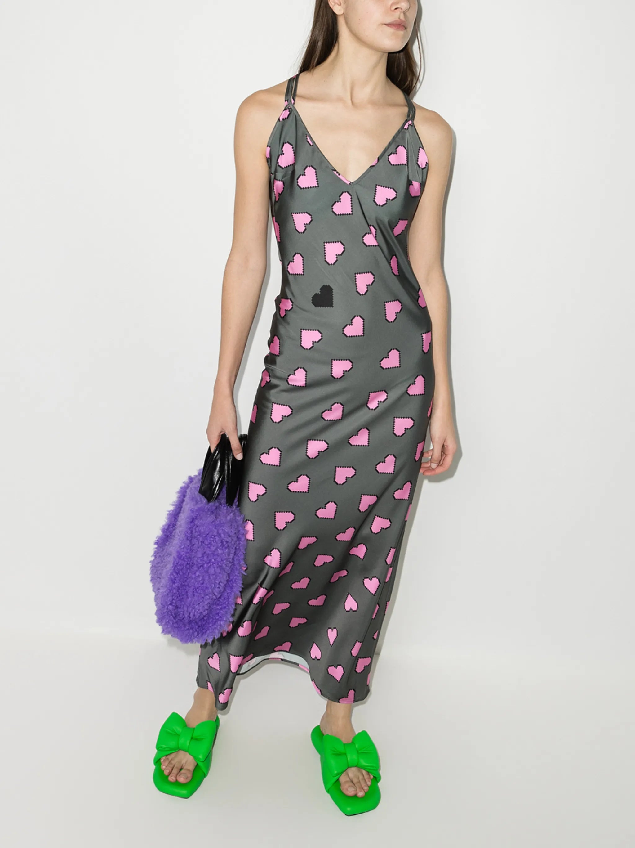 pixel hearts-print slip dress