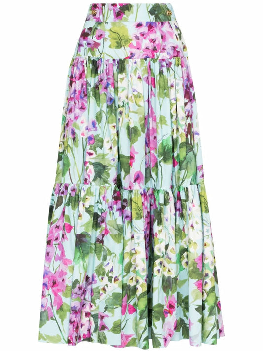 Bluebell-print tiered poplin skirt