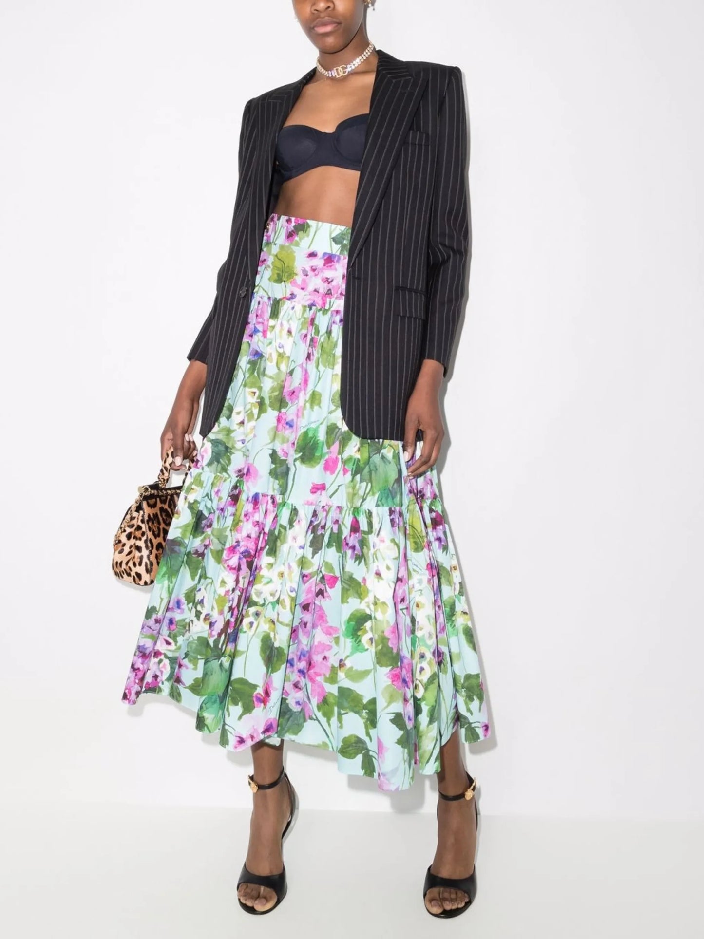 Bluebell-print tiered poplin skirt
