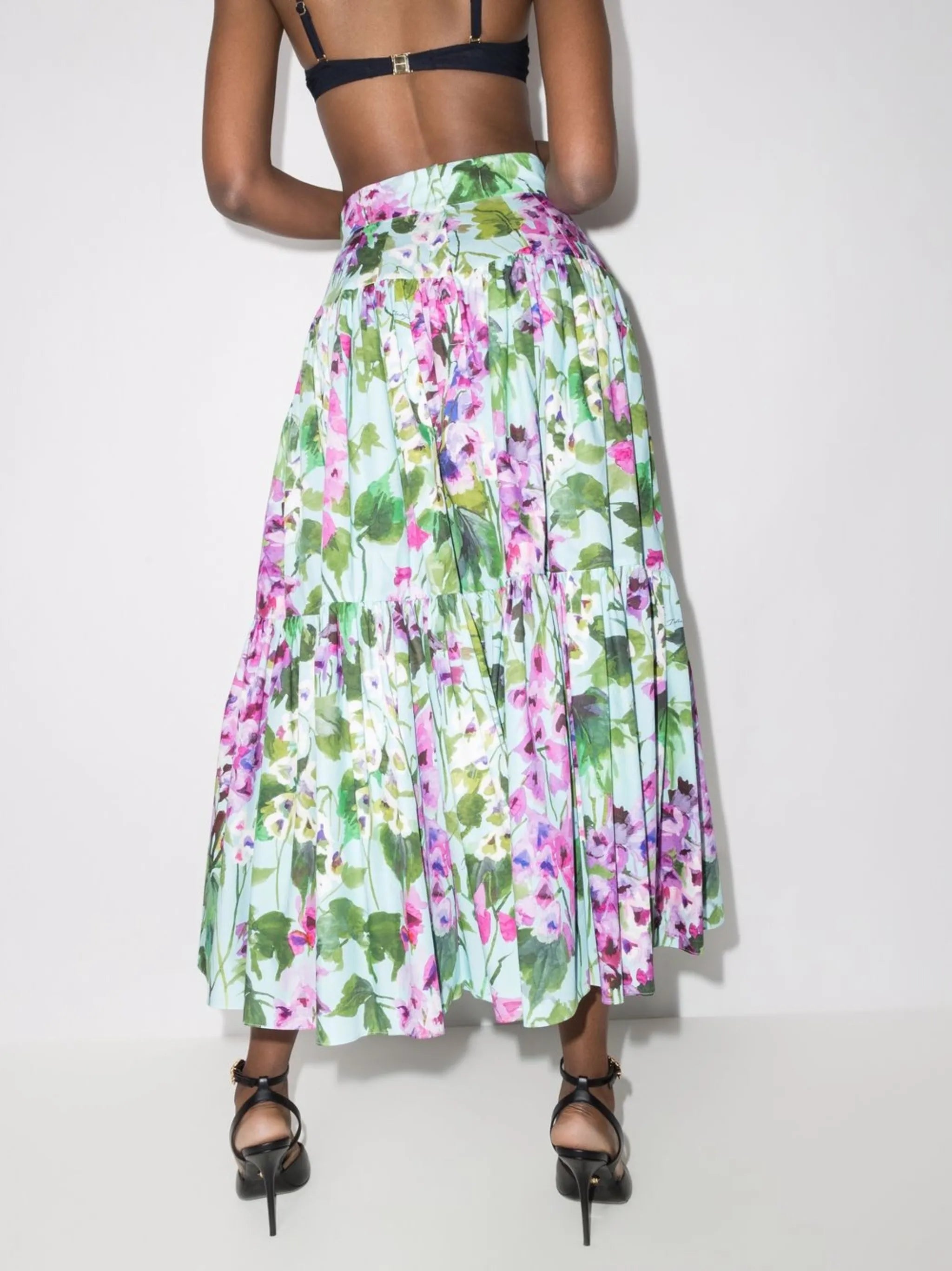 Bluebell-print tiered poplin skirt