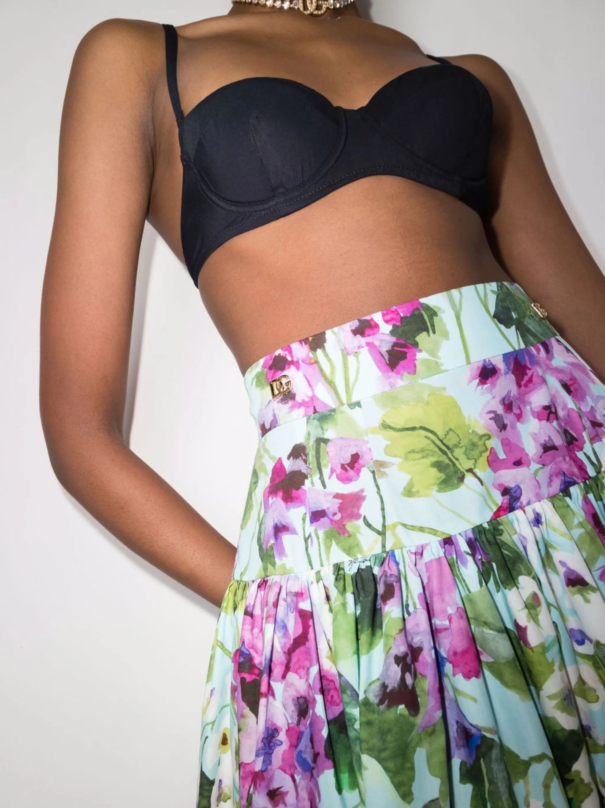 Bluebell-print tiered poplin skirt