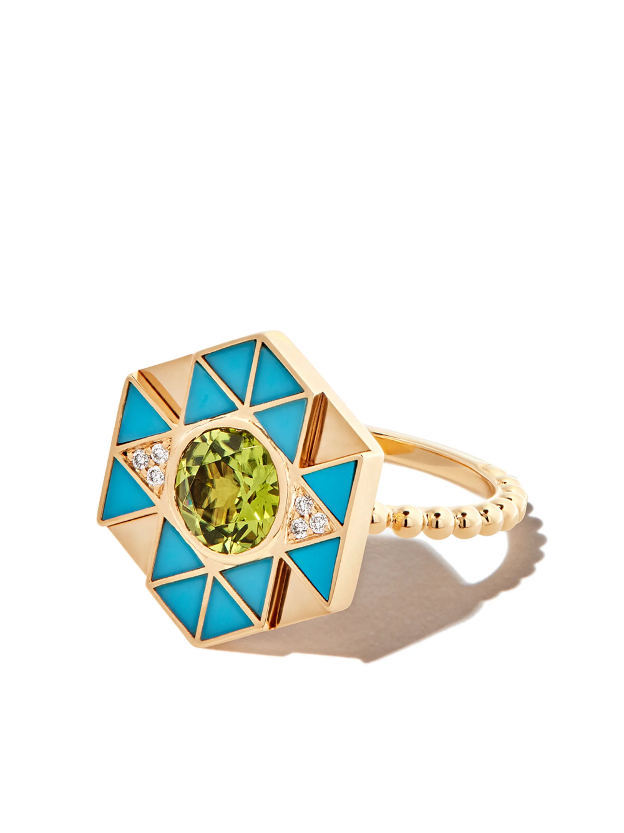 18kt yellow gold evil eye turquoise, peridot and diamond ring