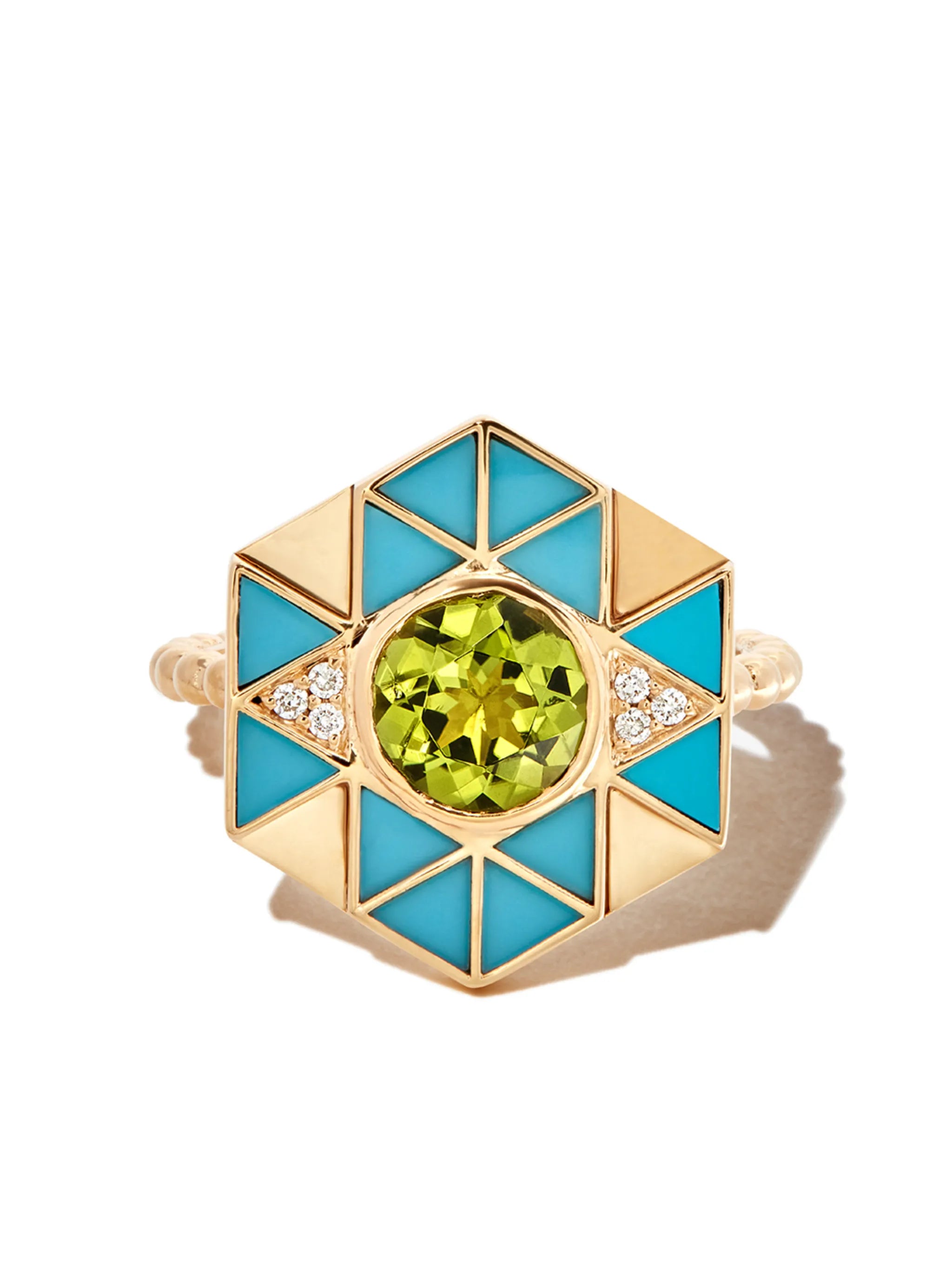 18kt yellow gold evil eye turquoise, peridot and diamond ring