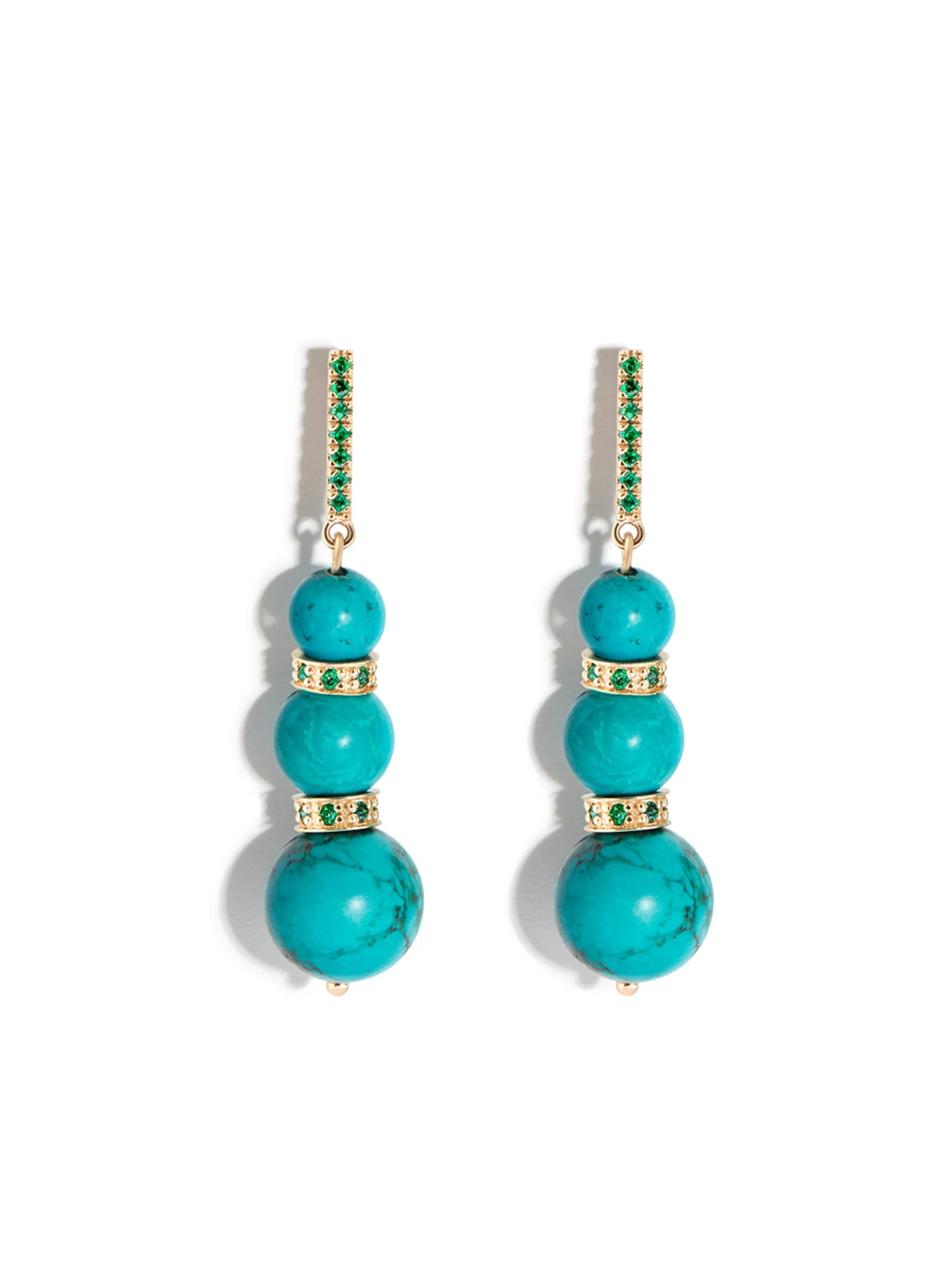 14kt yellow gold turquoise and emerald drop earrings