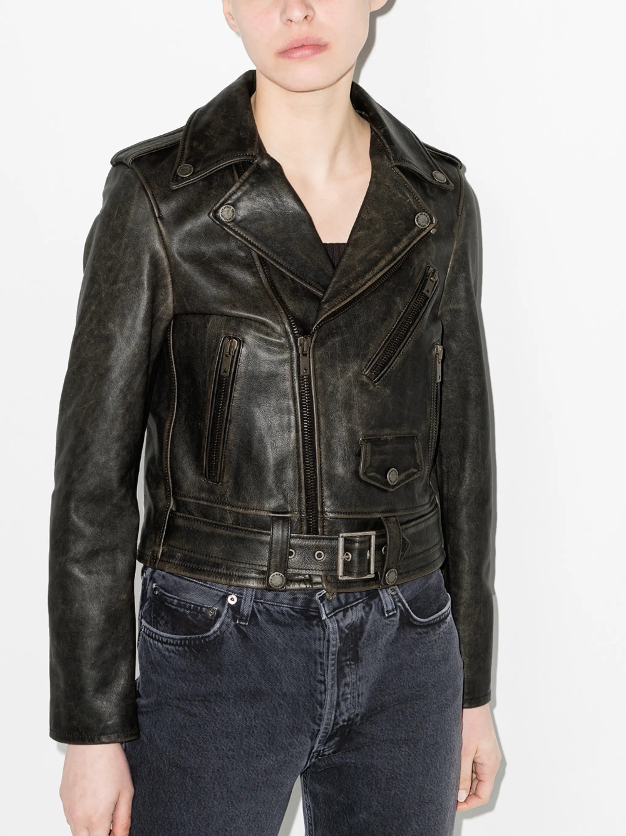 distressed-effect leather biker jacket