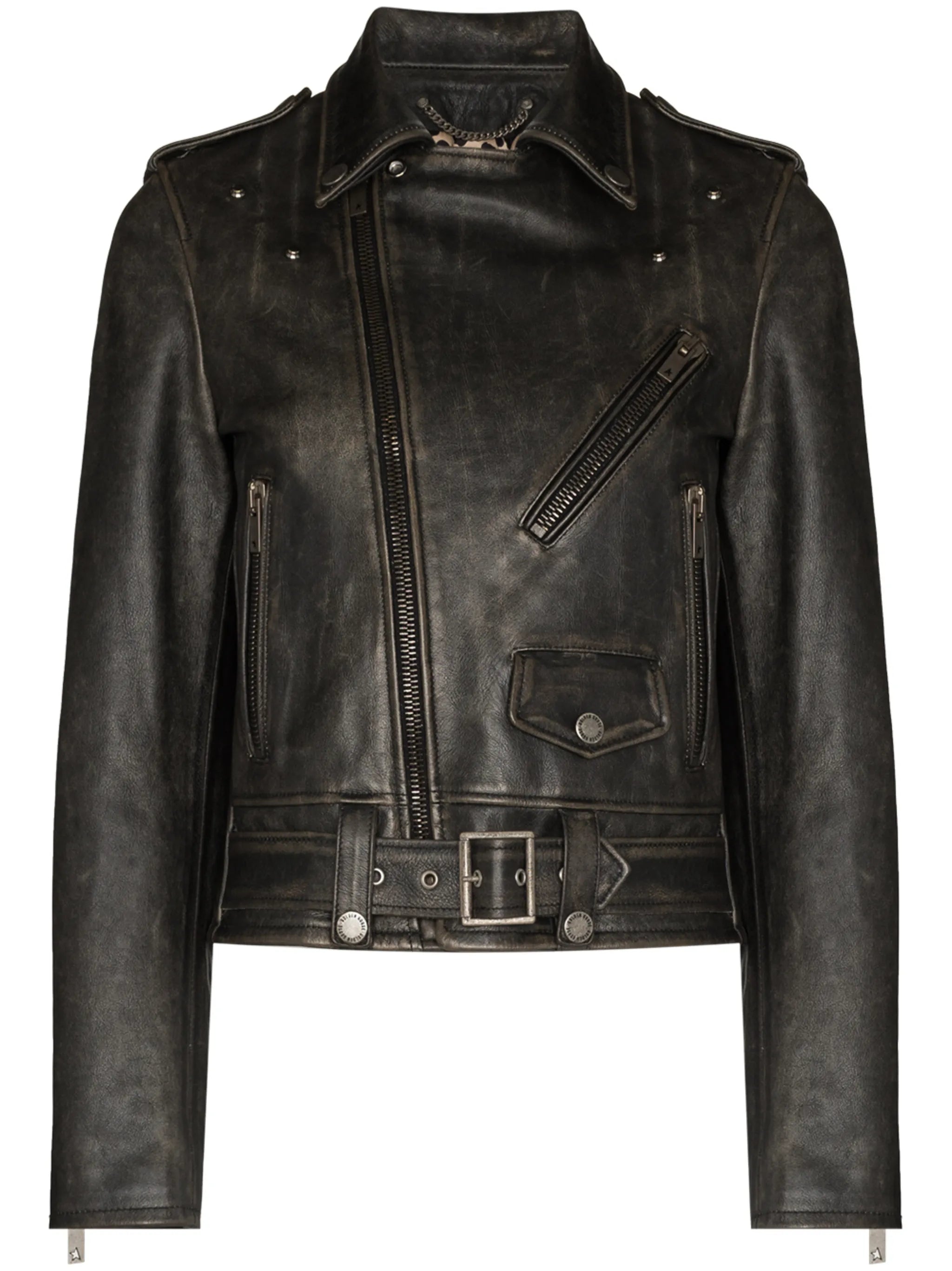 distressed-effect leather biker jacket