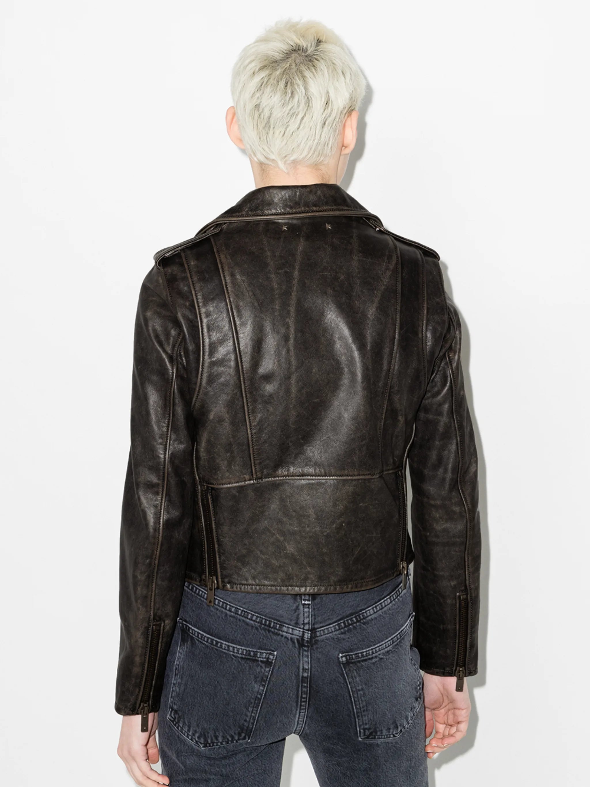 distressed-effect leather biker jacket