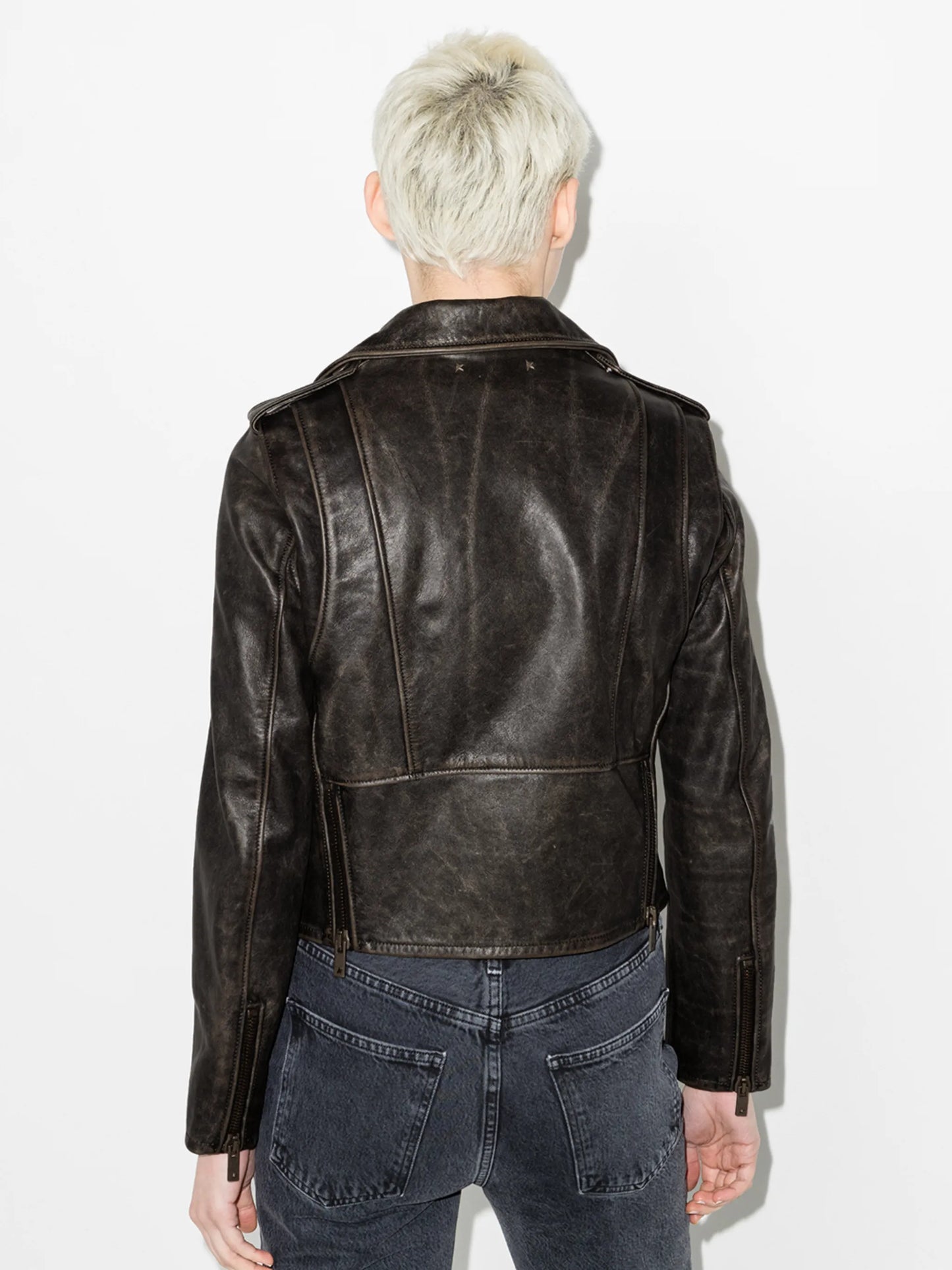 distressed-effect leather biker jacket