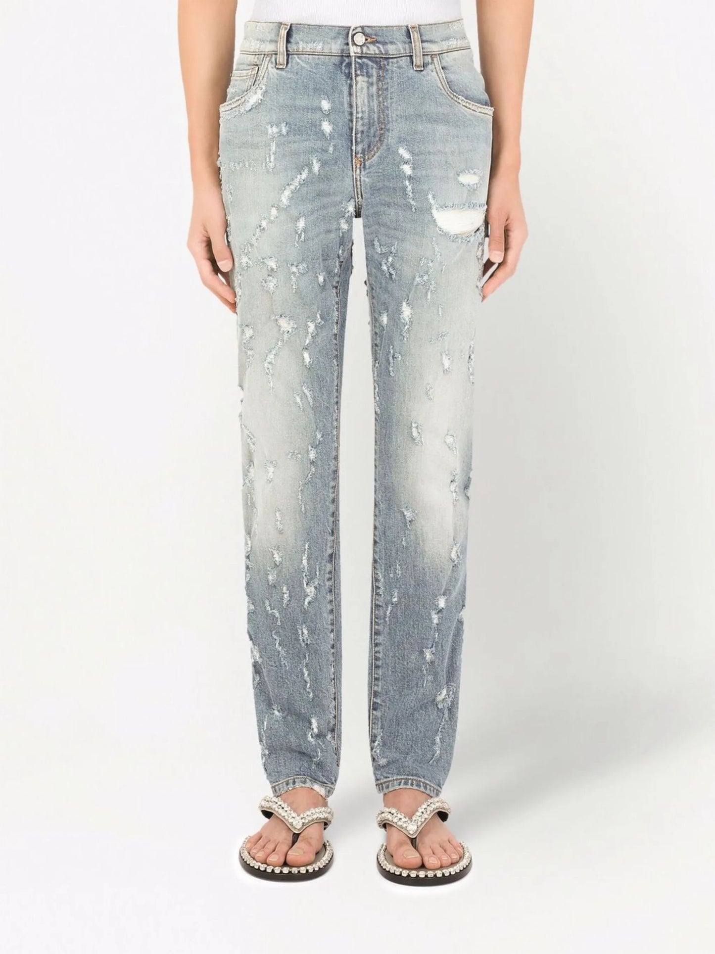 mid-rise distressed straight leg jeans