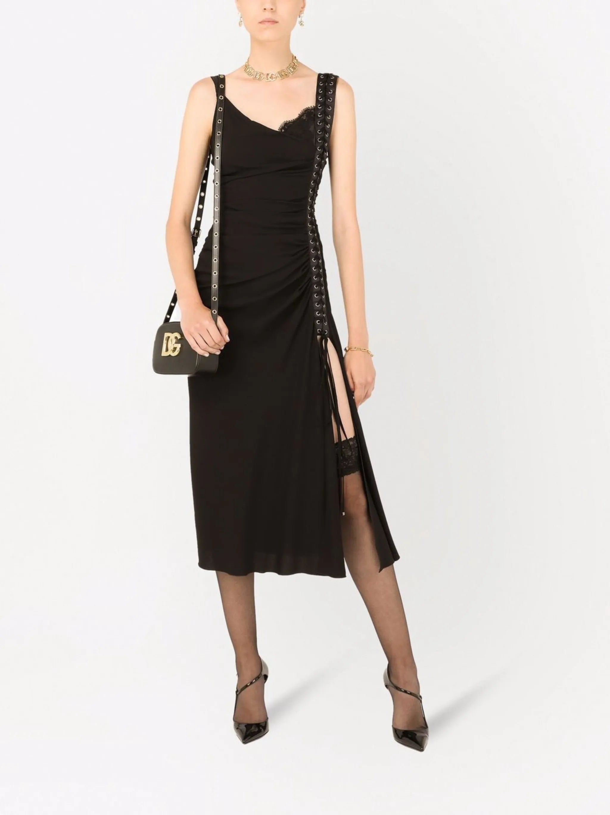 lace-up sleeveless midi dress