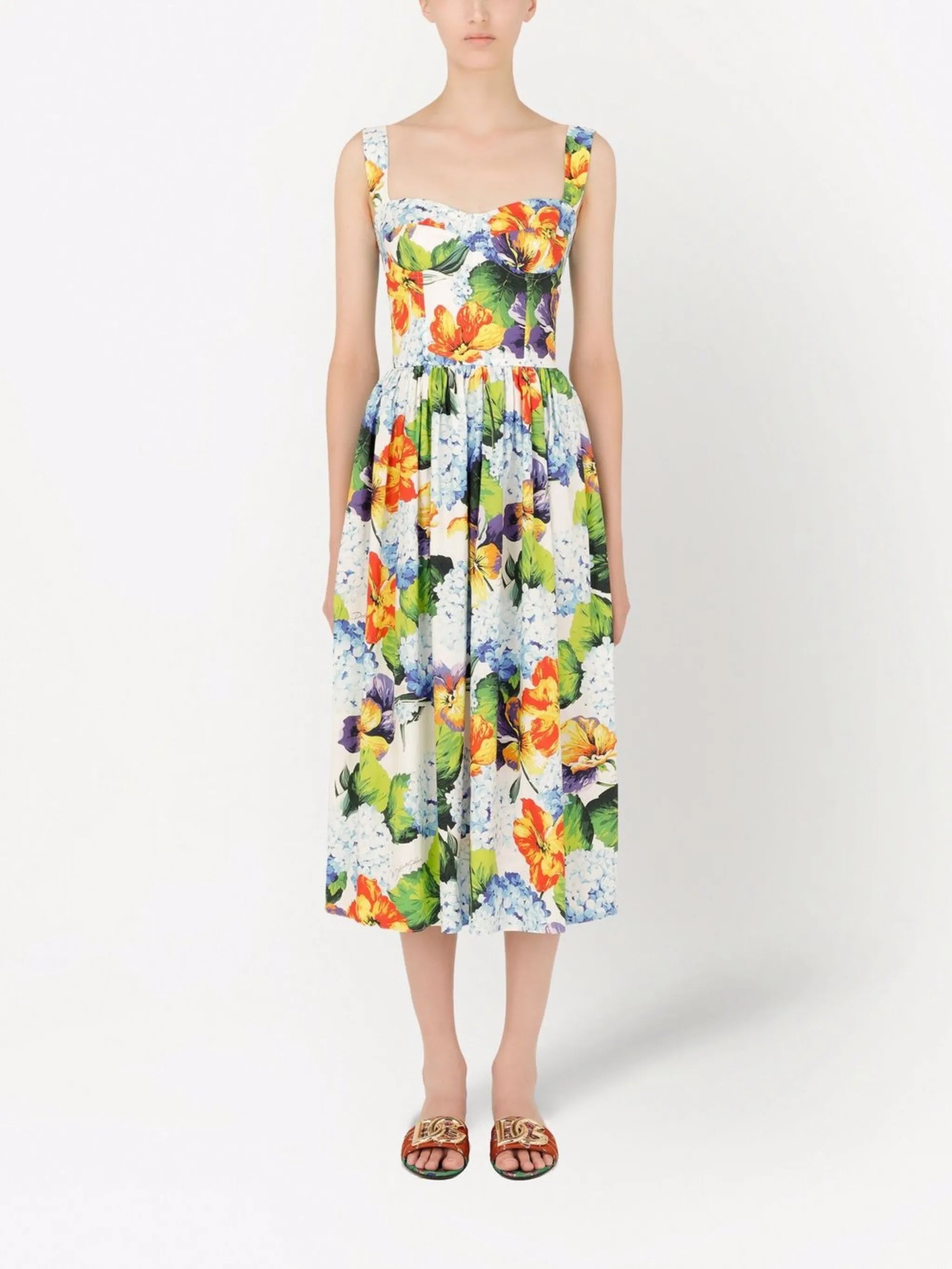 sweetheart-neck graphic-print dress
