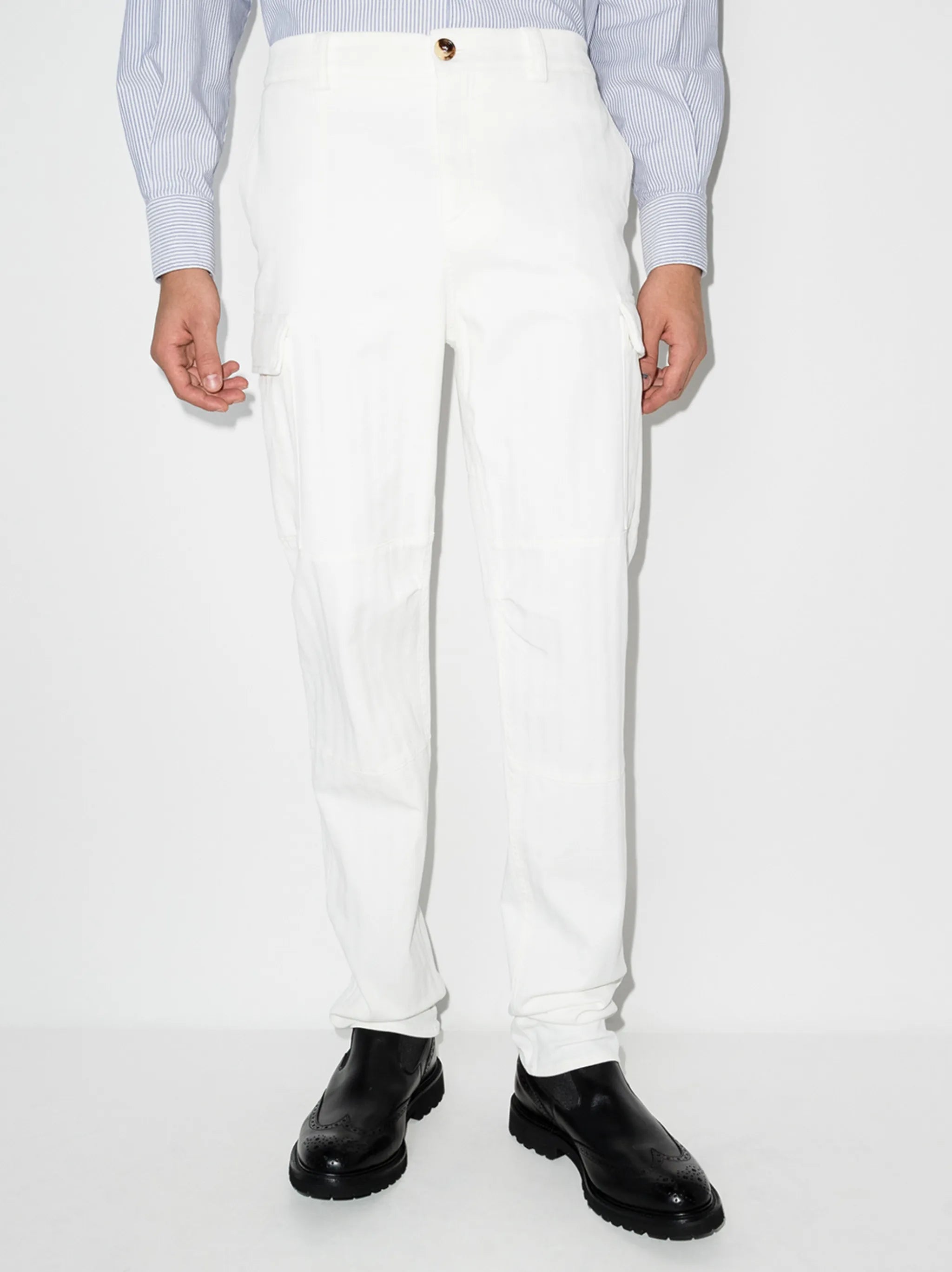 Brunello Cucinelli Mens White Subtle Striped Detail Cargo Trouser Pant