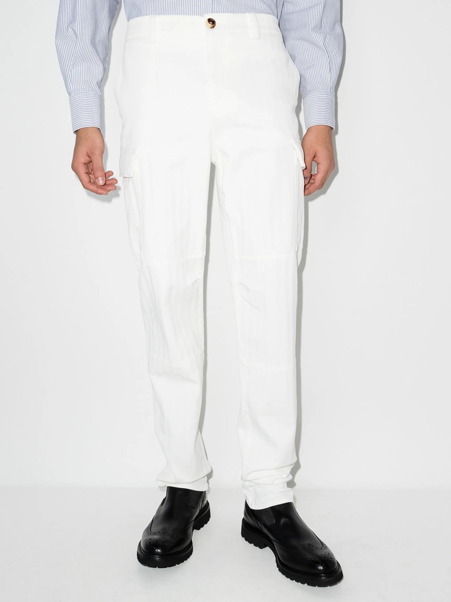 Brunello Cucinelli Mens White Subtle Striped Detail Cargo Trouser Pant