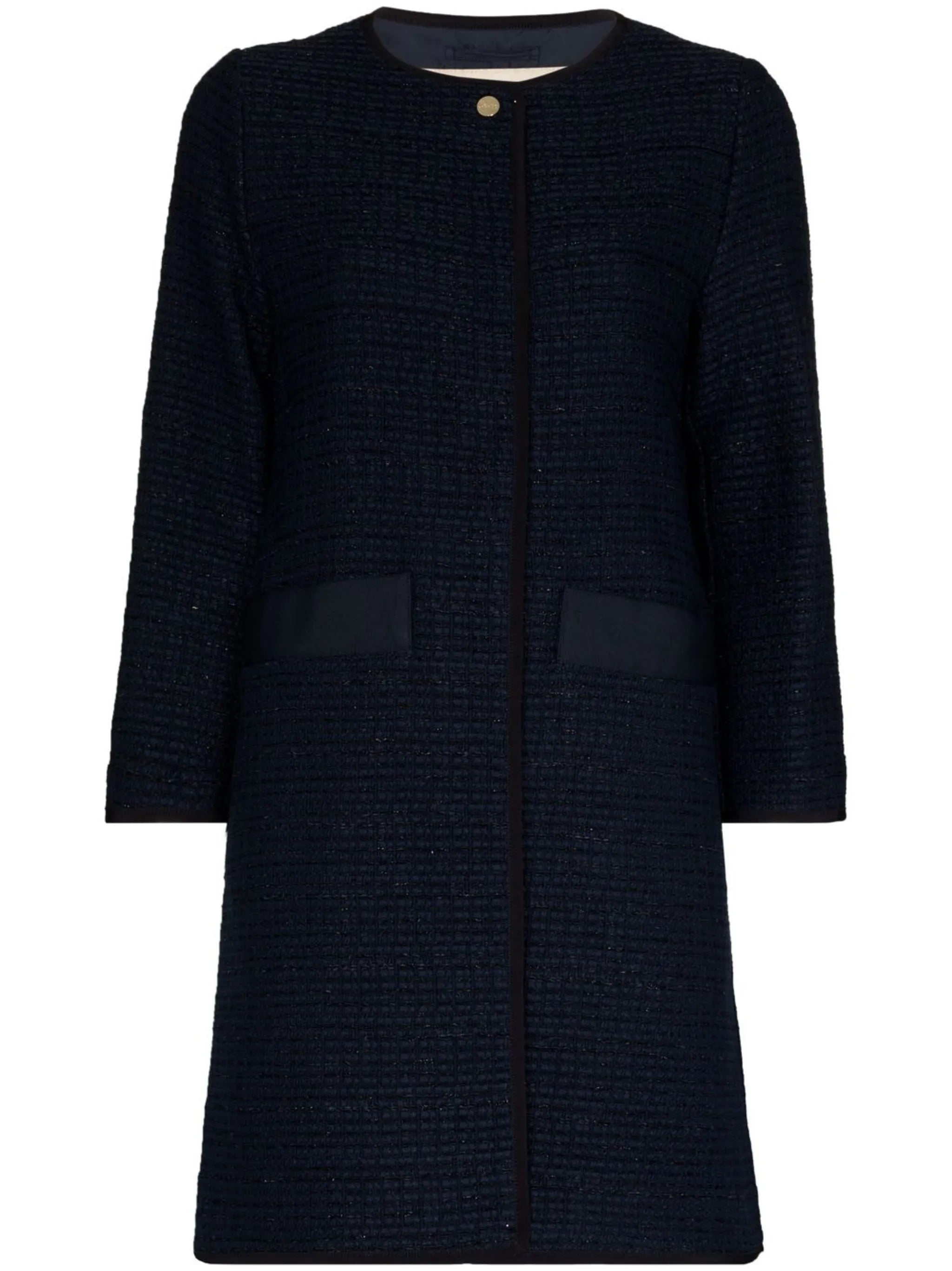 collarless single-breasted tweed  coat