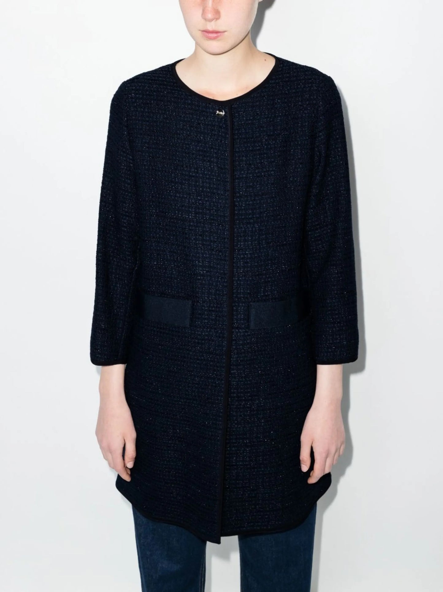 collarless single-breasted tweed  coat