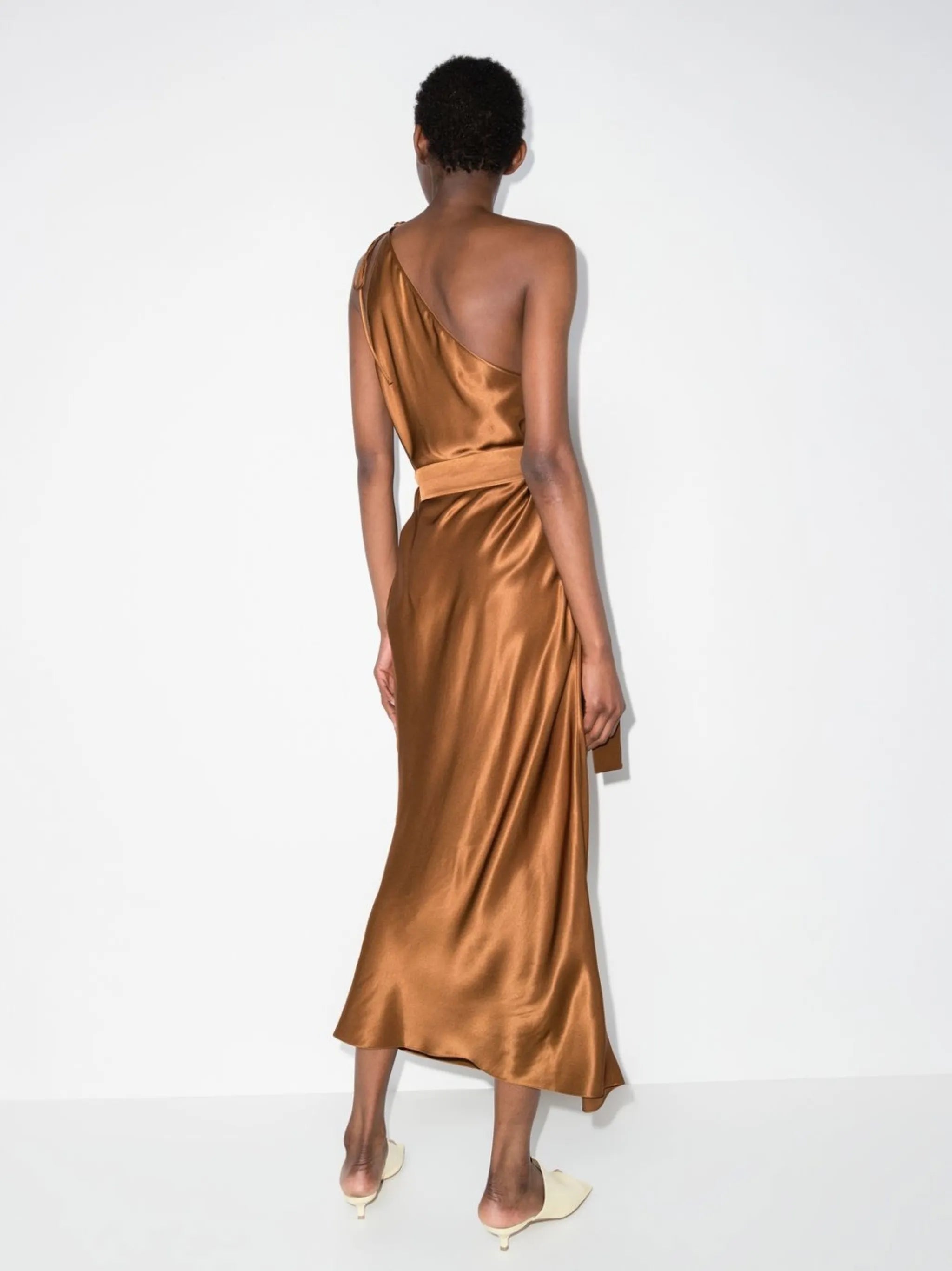 one-shoulder ruched maxi dress