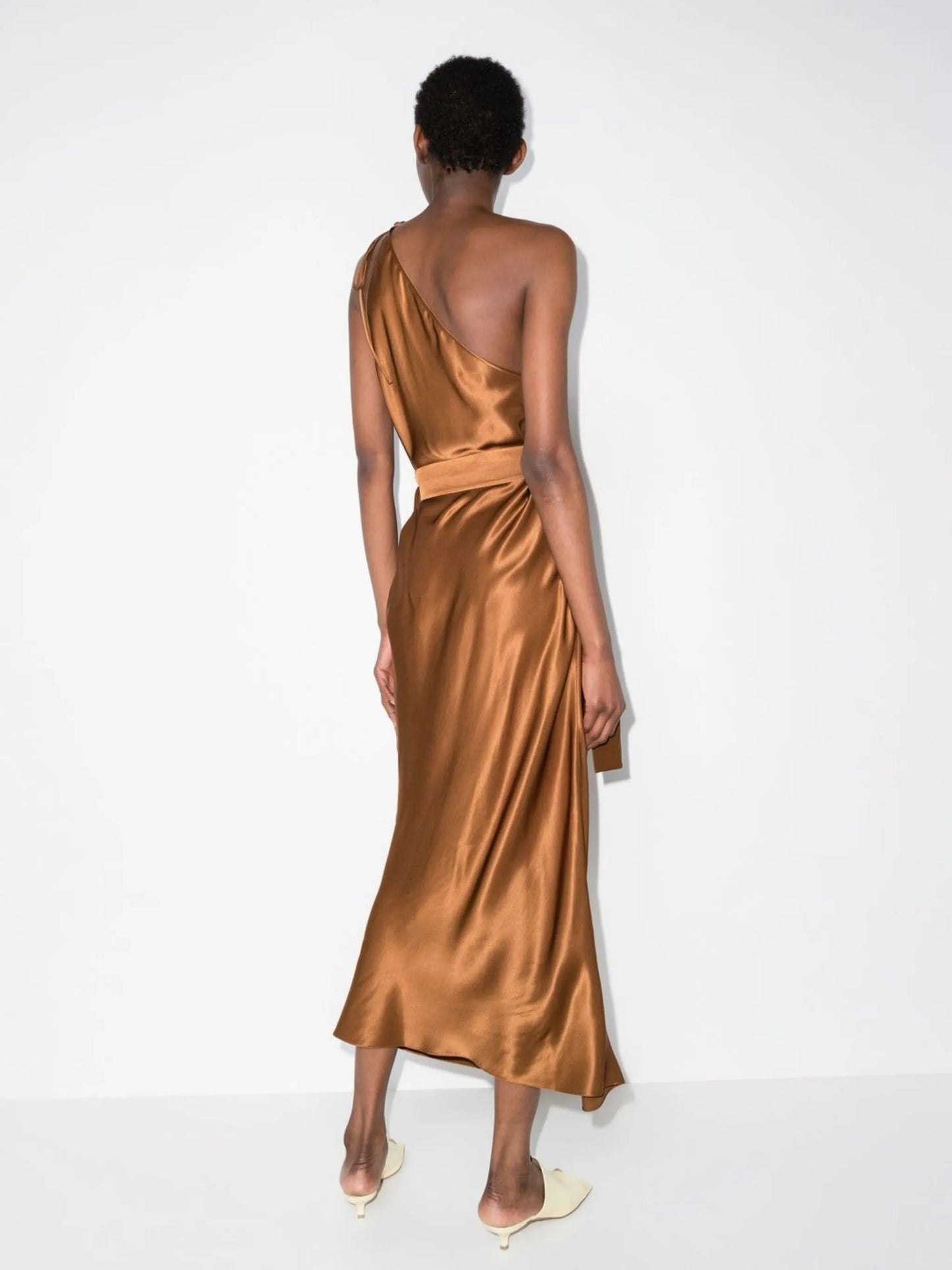 one-shoulder ruched maxi dress