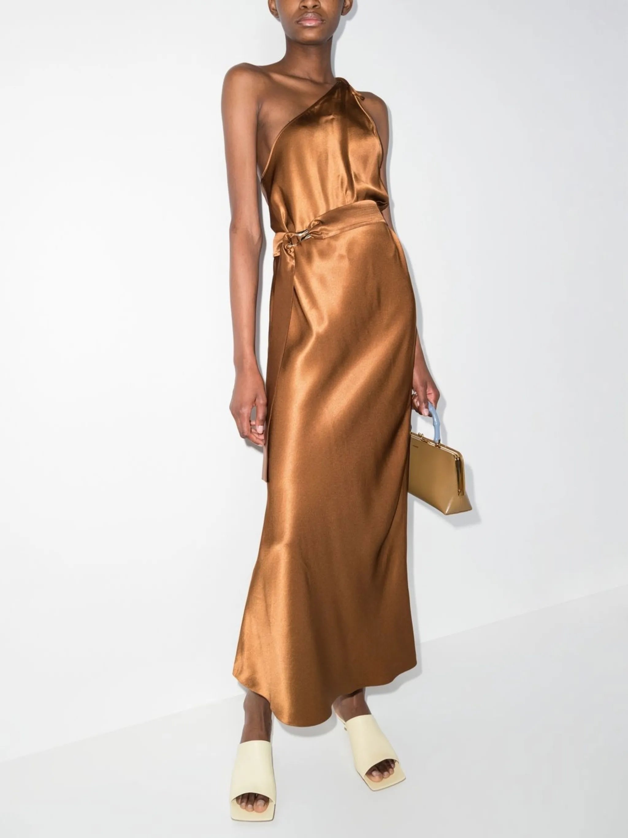 one-shoulder ruched maxi dress