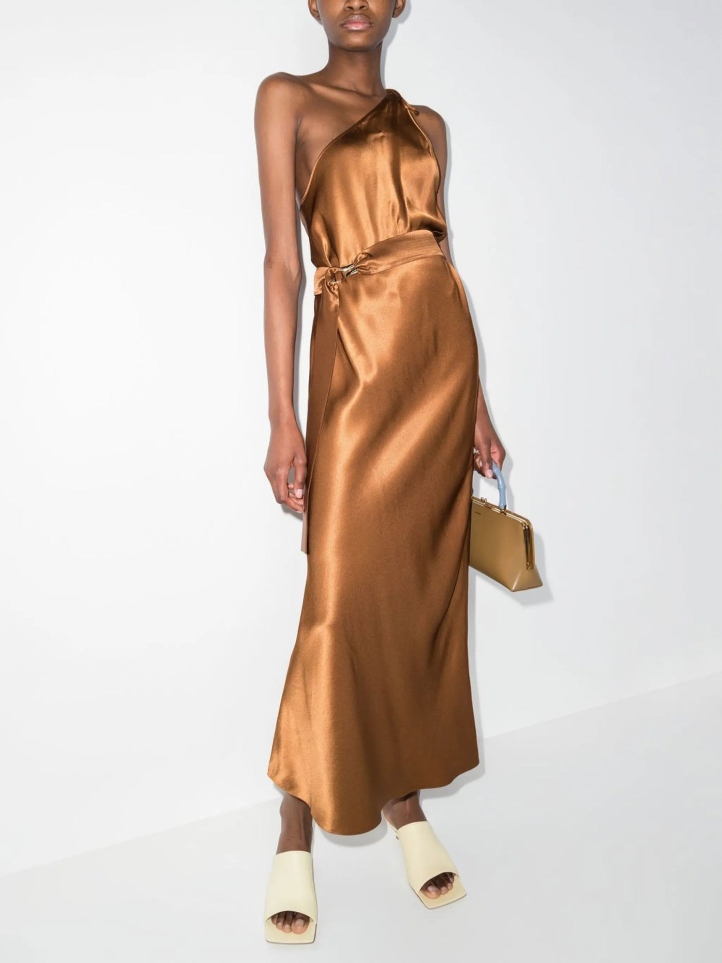 one-shoulder ruched maxi dress