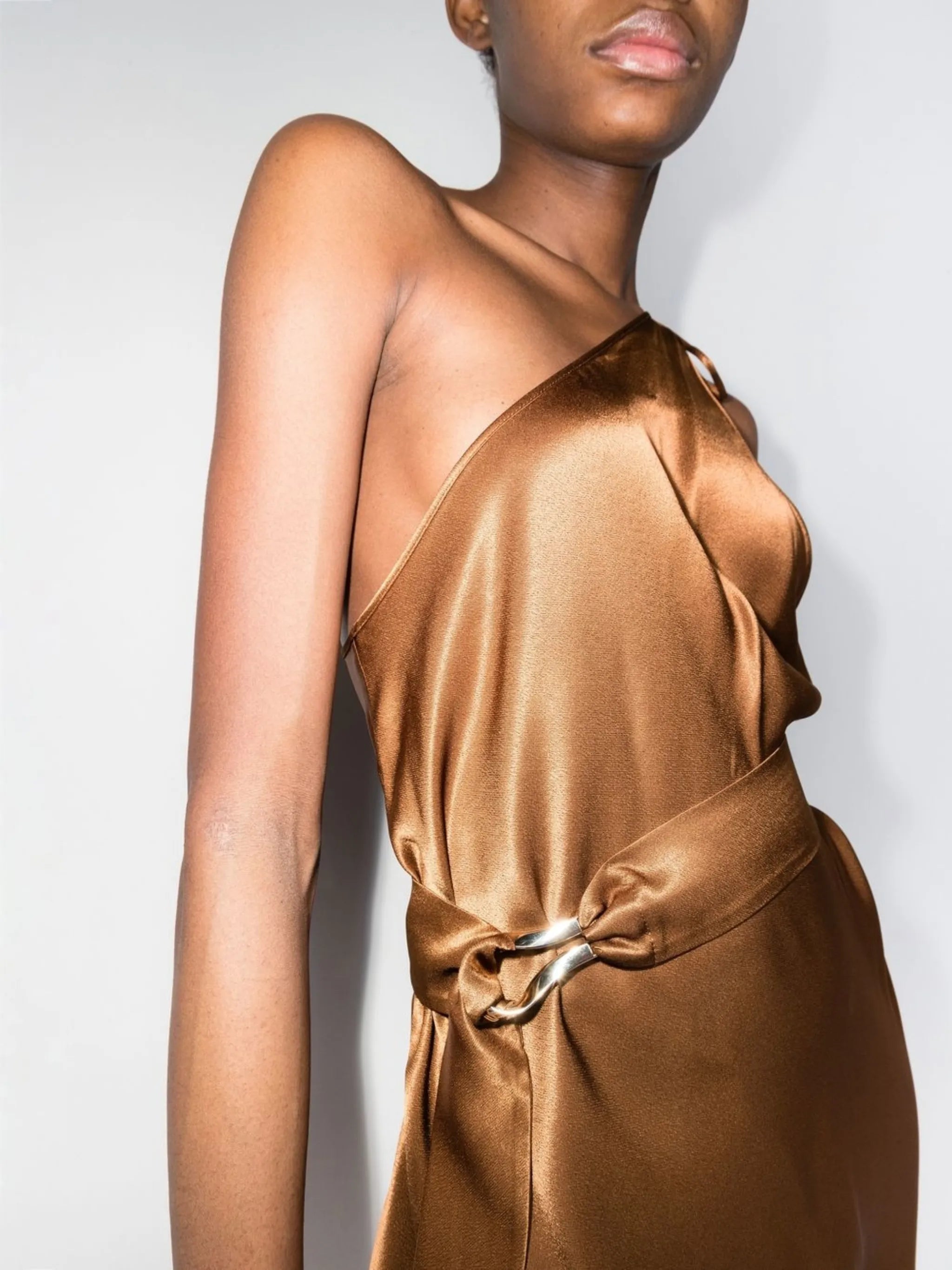 one-shoulder ruched maxi dress