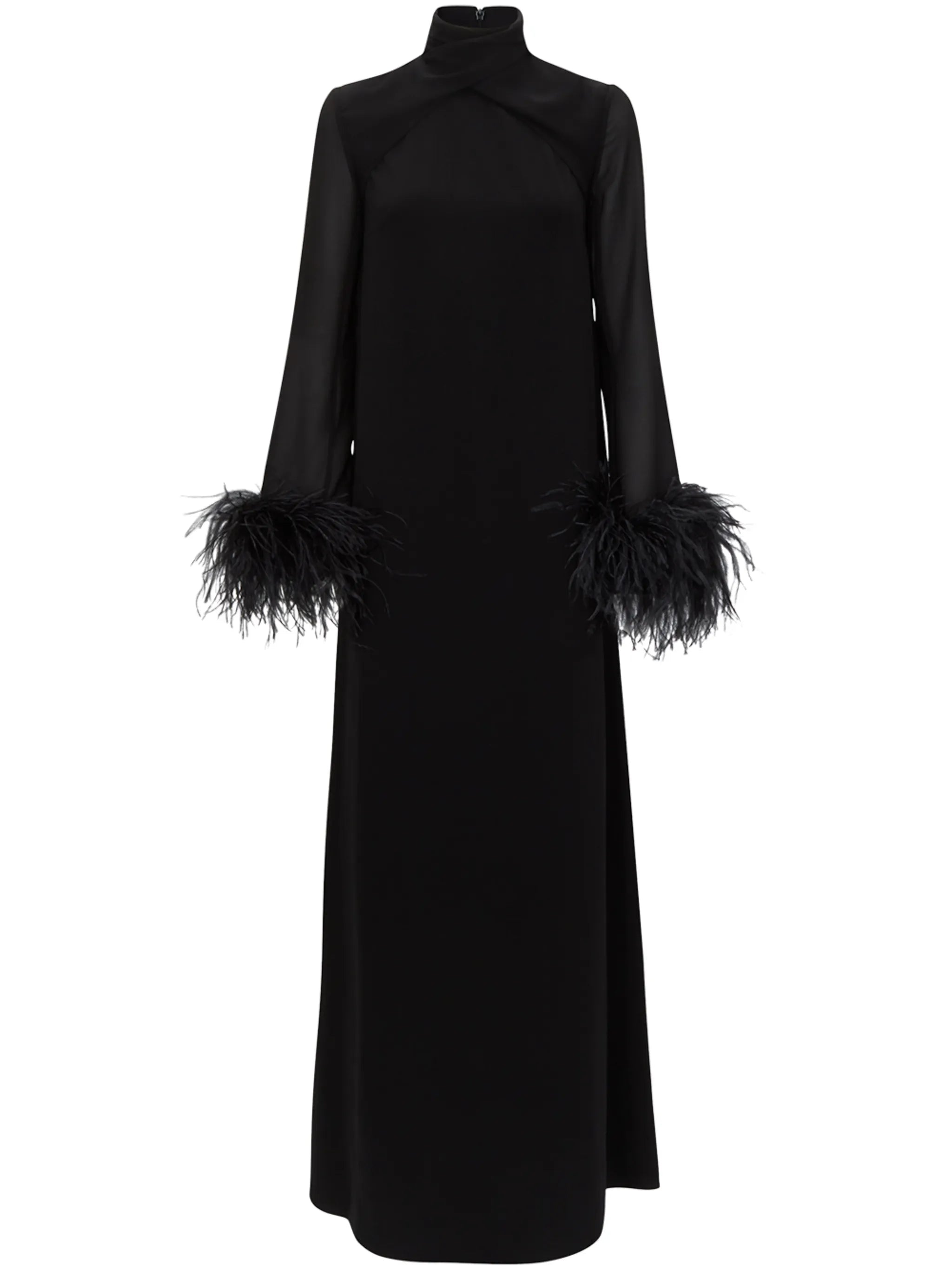 feather-trimmed cuffs long dress