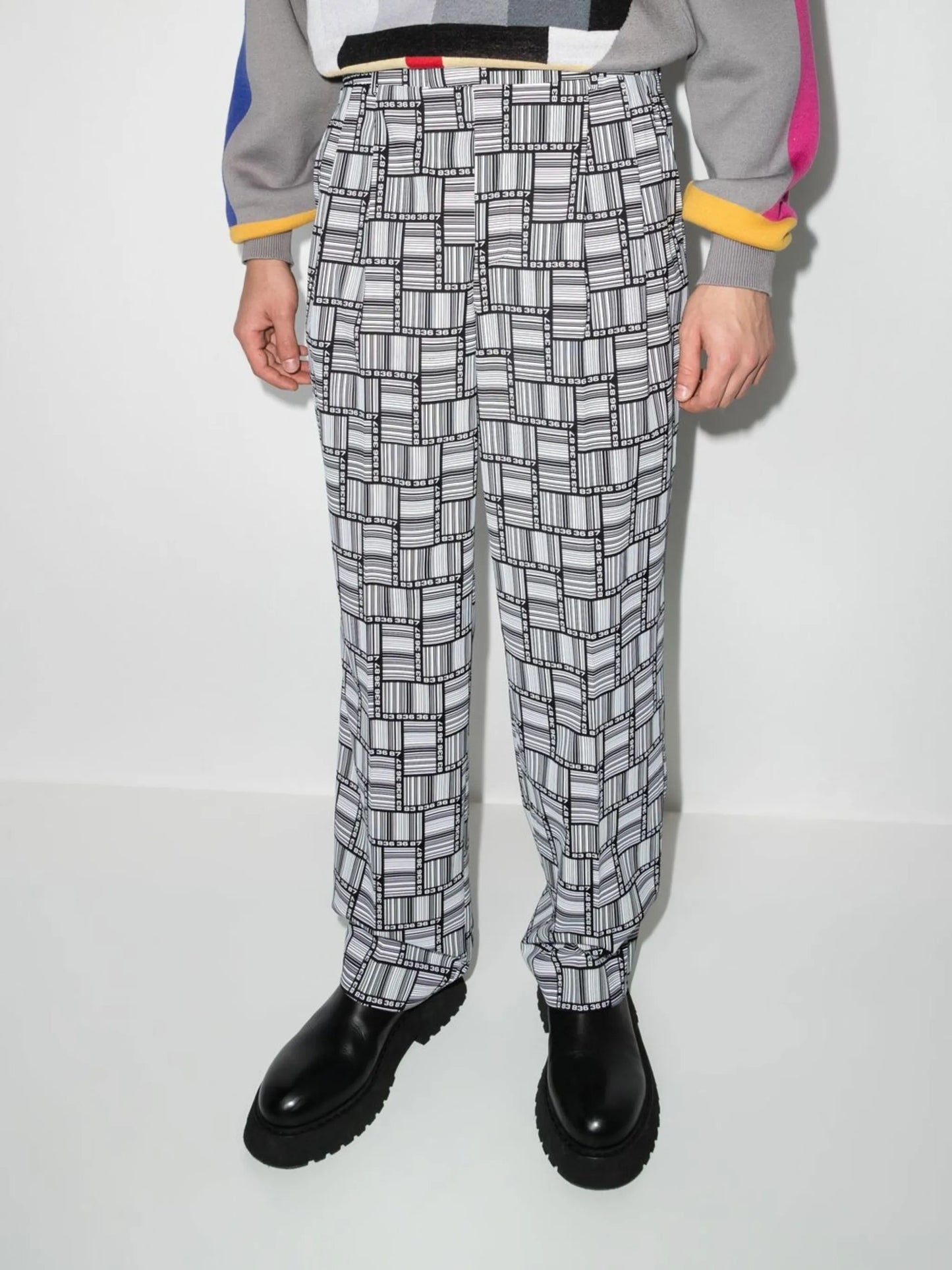 Barcode-print straight-leg trousers