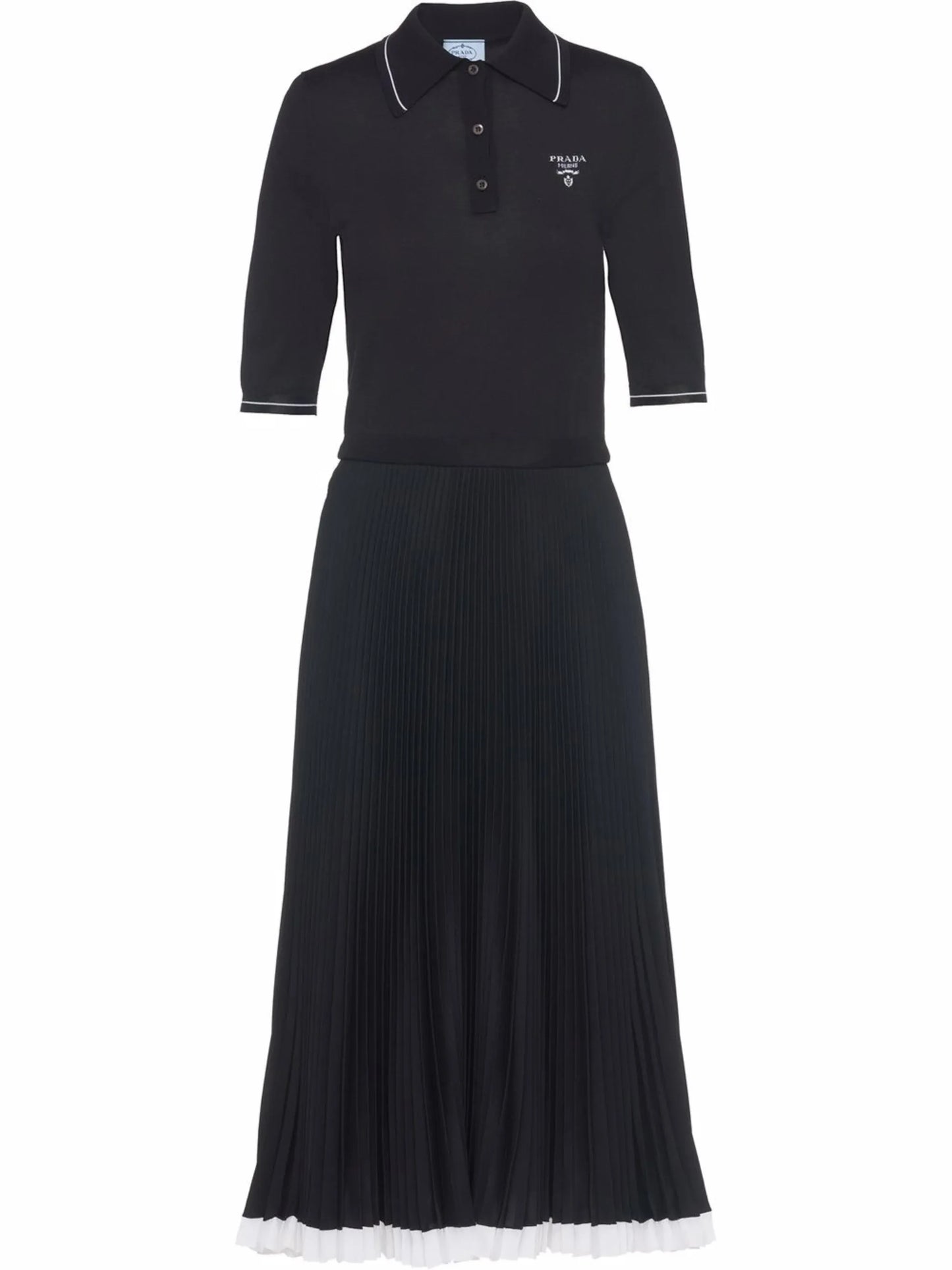embroidered-logo pleated silk dress