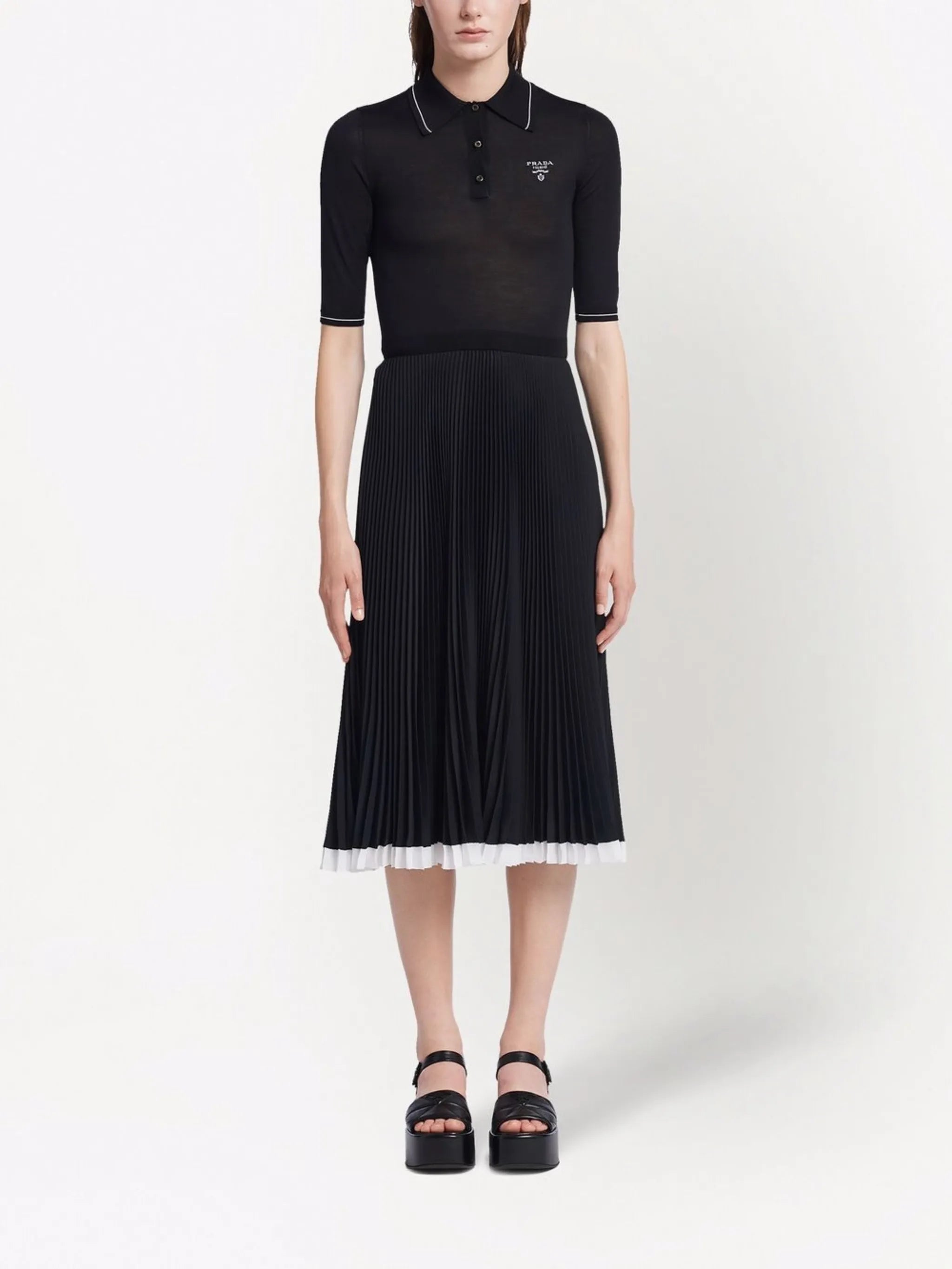 embroidered-logo pleated silk dress
