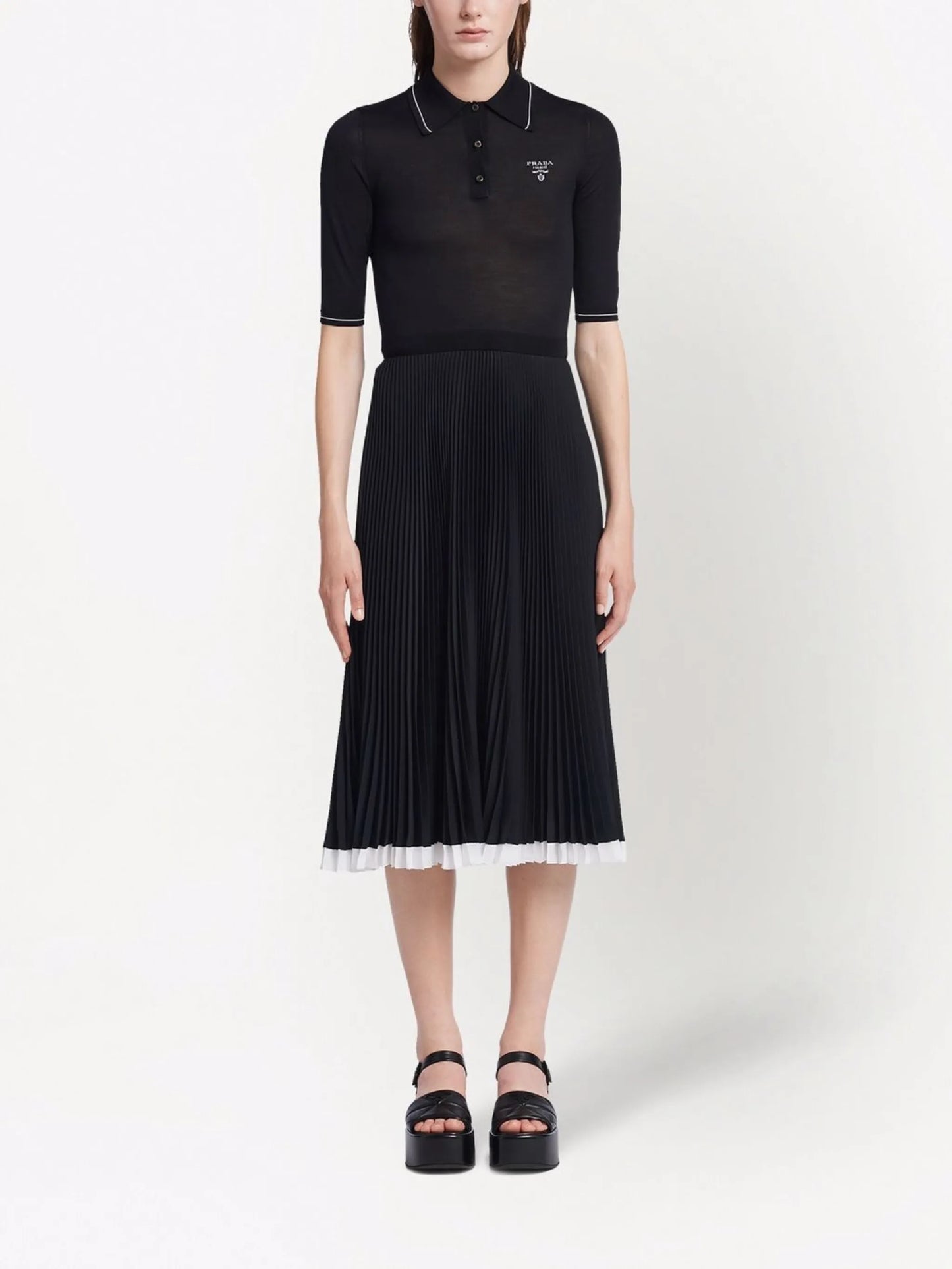 embroidered-logo pleated silk dress