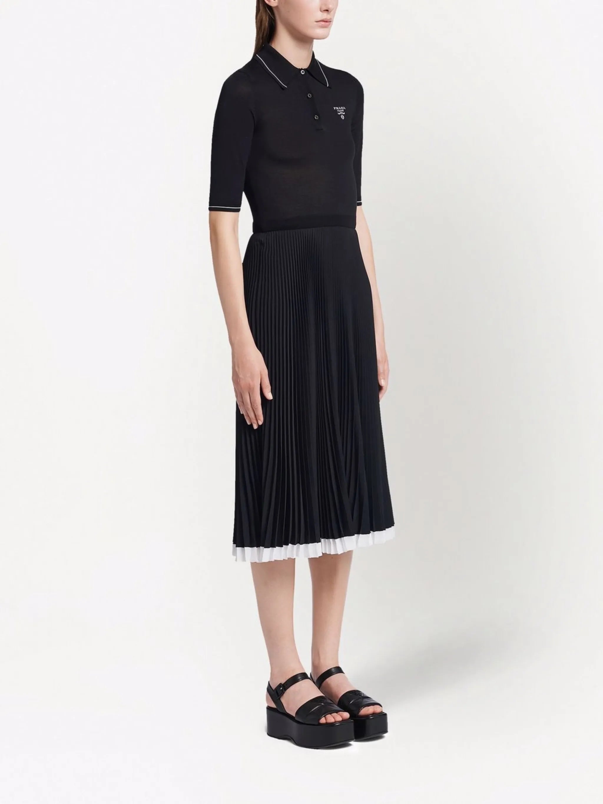 embroidered-logo pleated silk dress