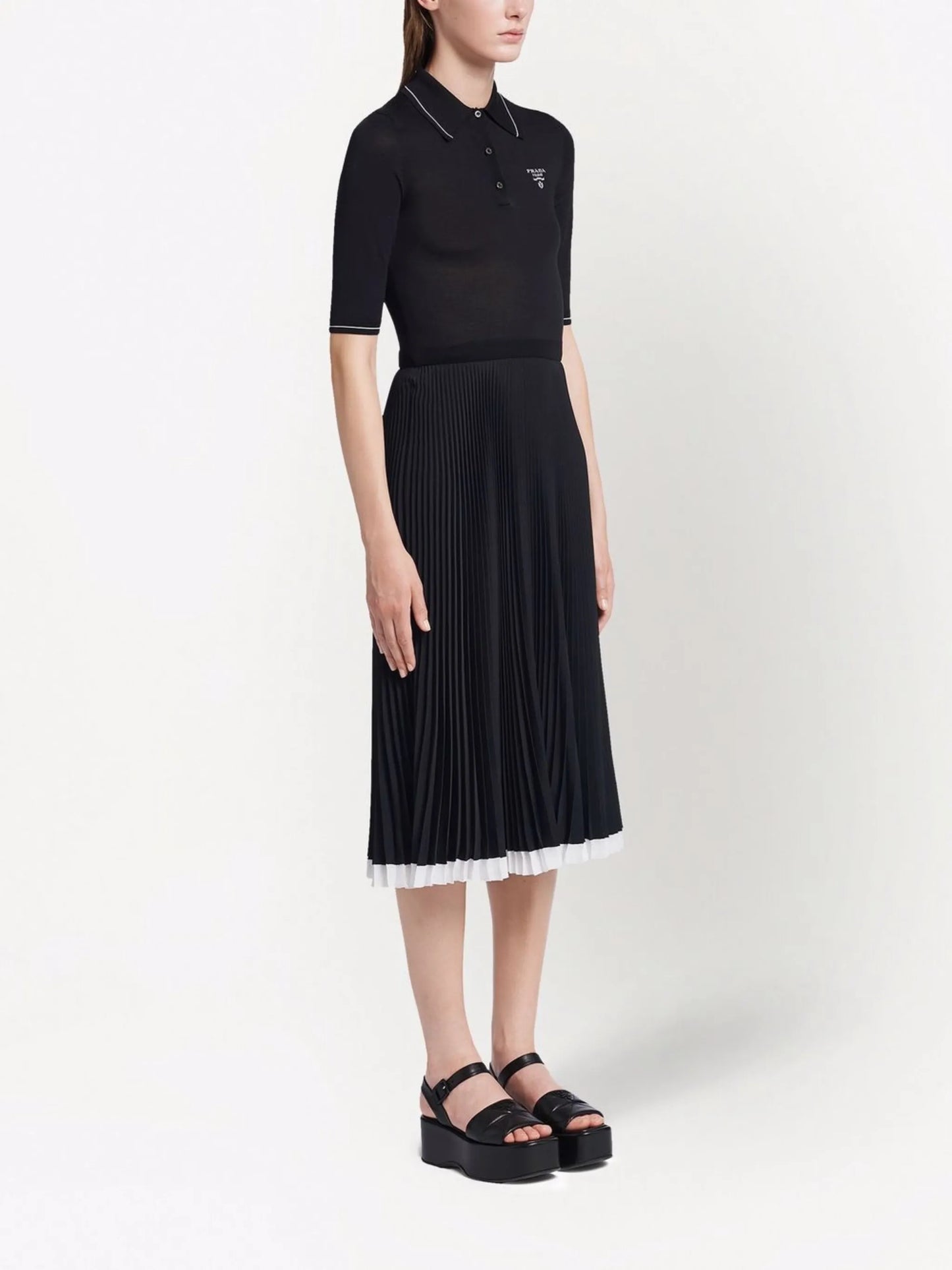 embroidered-logo pleated silk dress