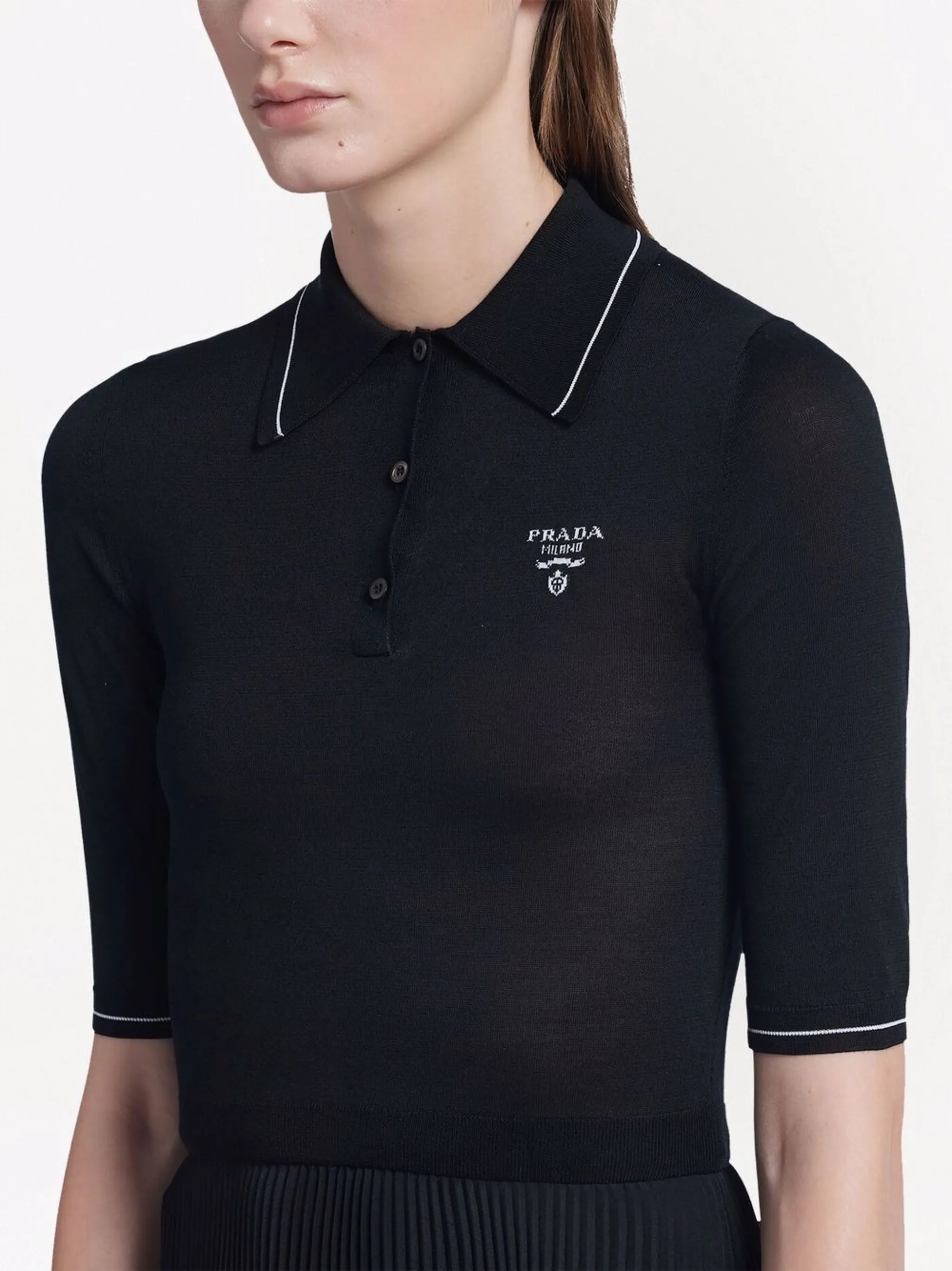 embroidered-logo pleated silk dress