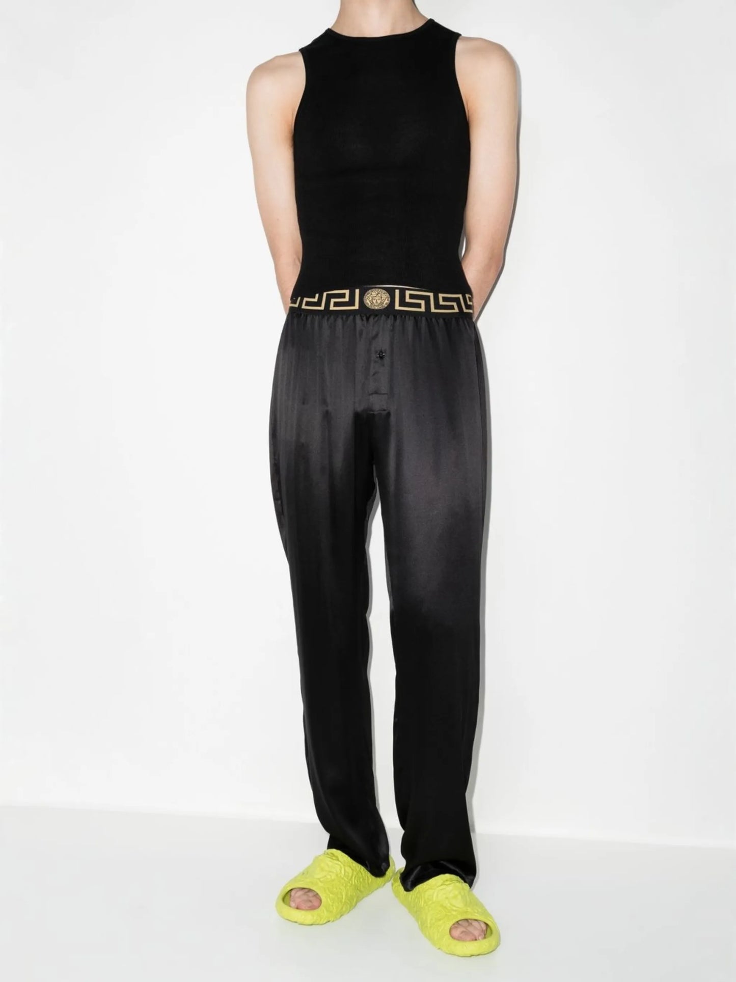 Greca-pattern elasticated-waistband trousers