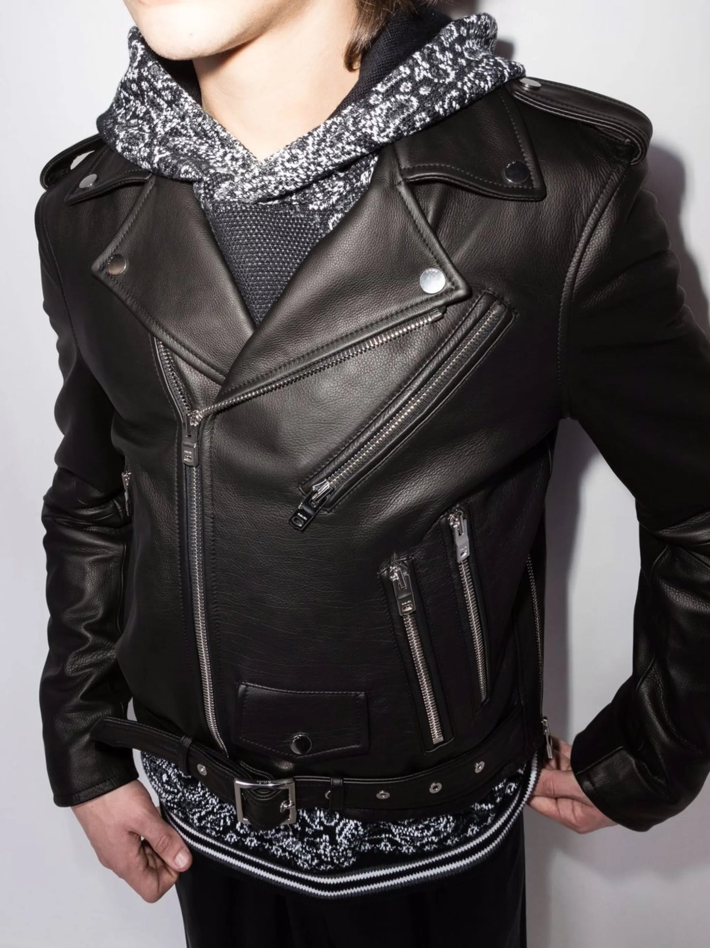 PERFECTO WITH PAINT EMBROIDERY Black Leather Jacket "Black"