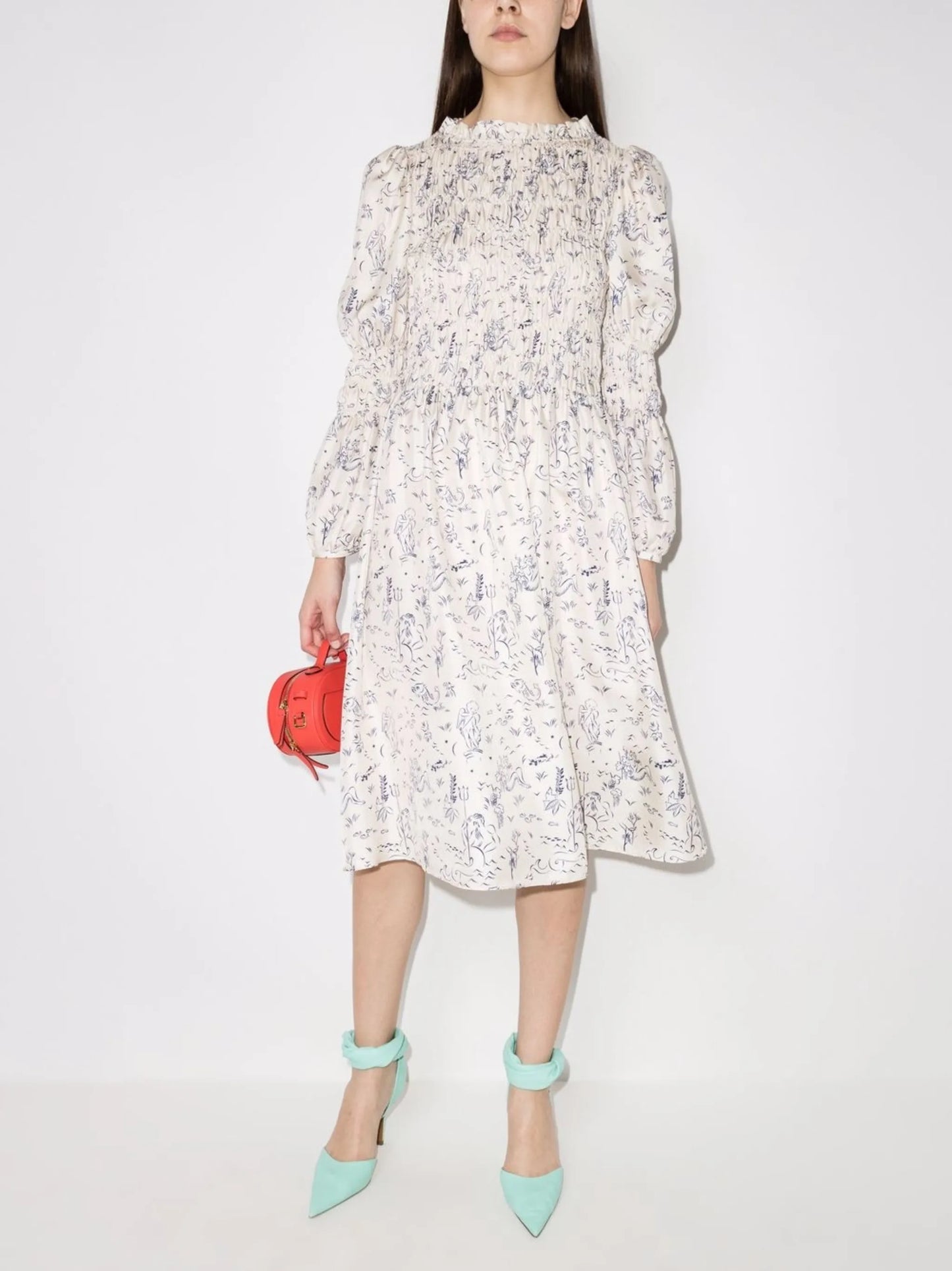 Marina illustration-print smocked midi dress
