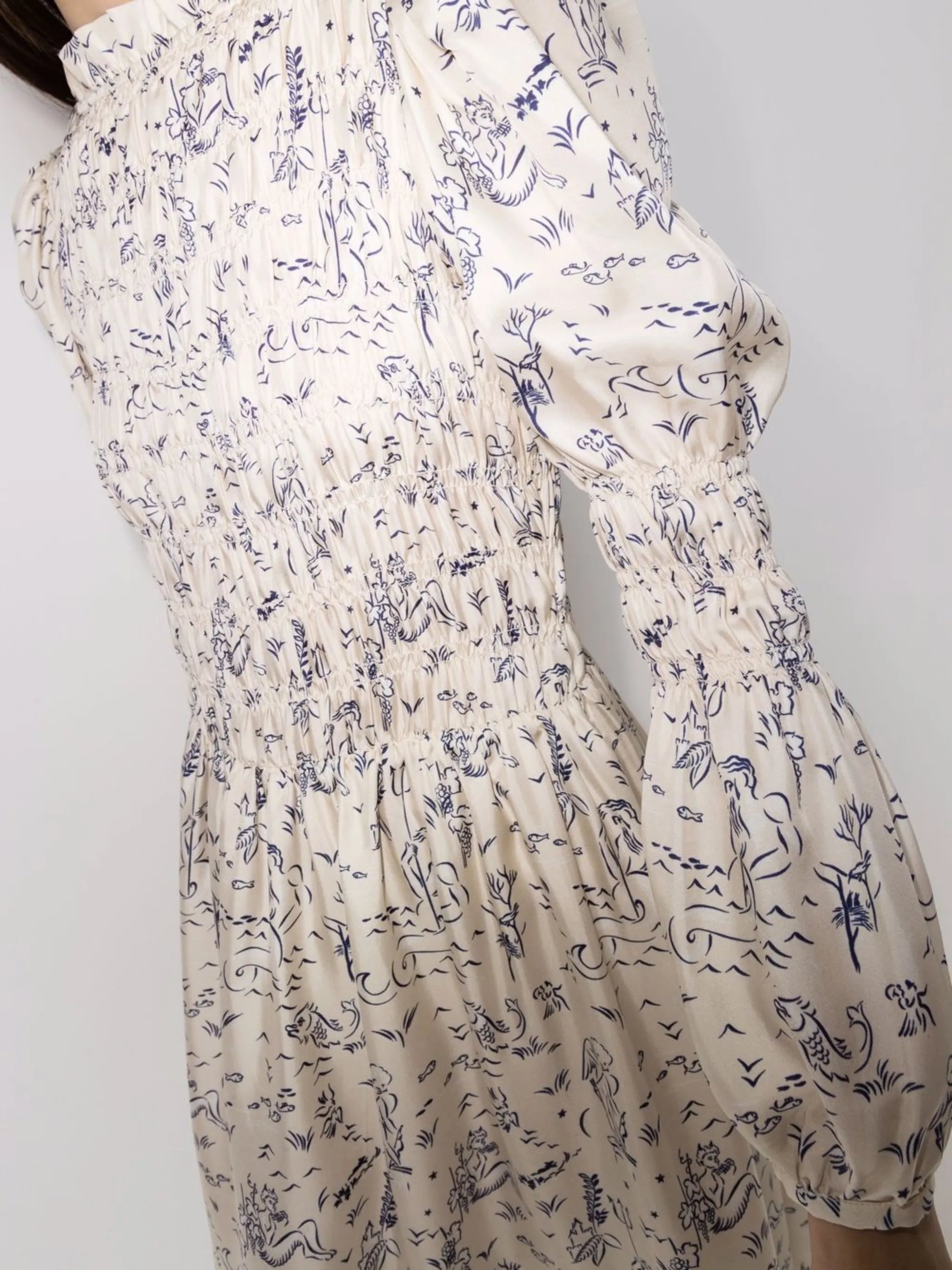 Marina illustration-print smocked midi dress