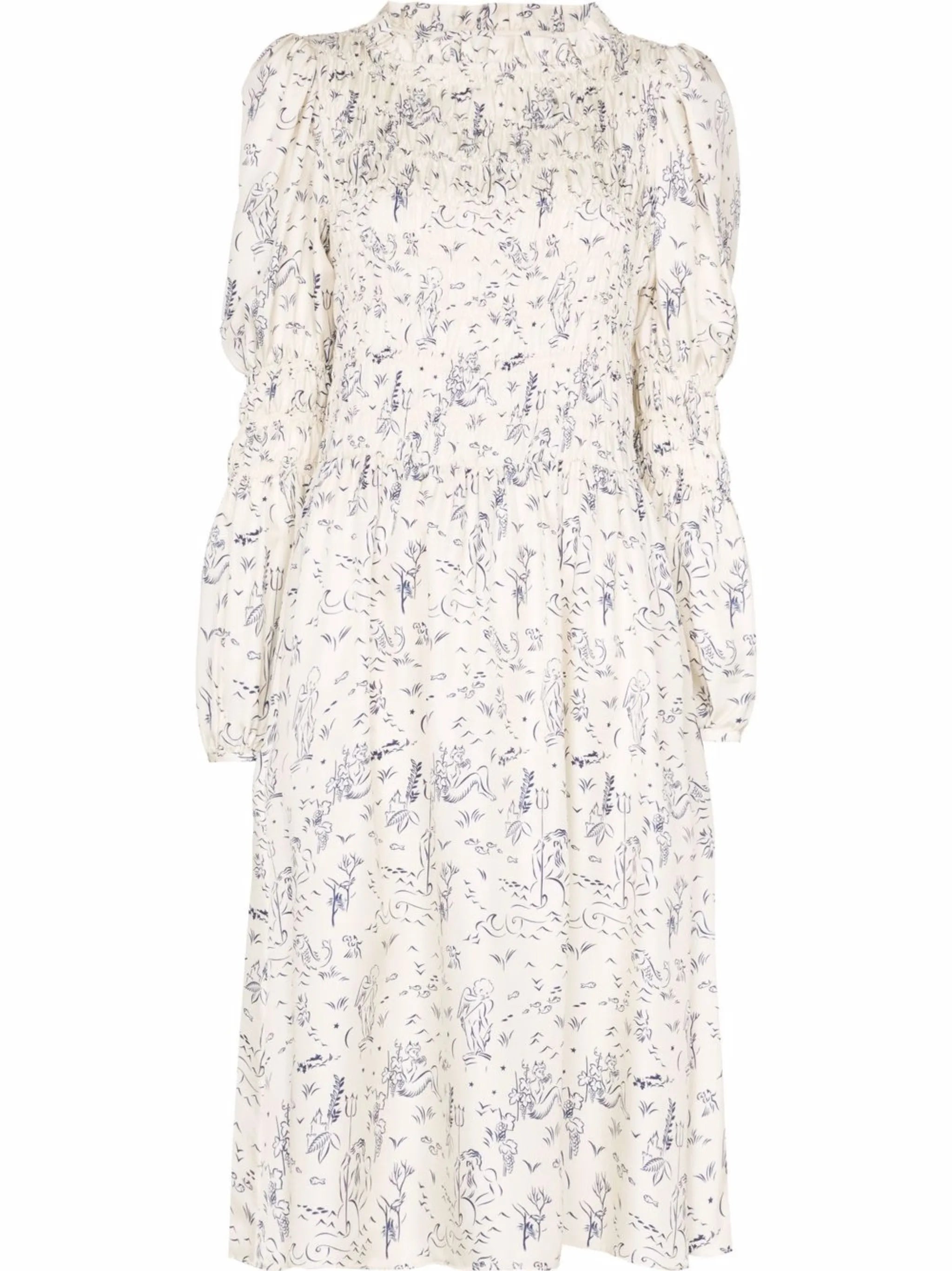 Marina illustration-print smocked midi dress