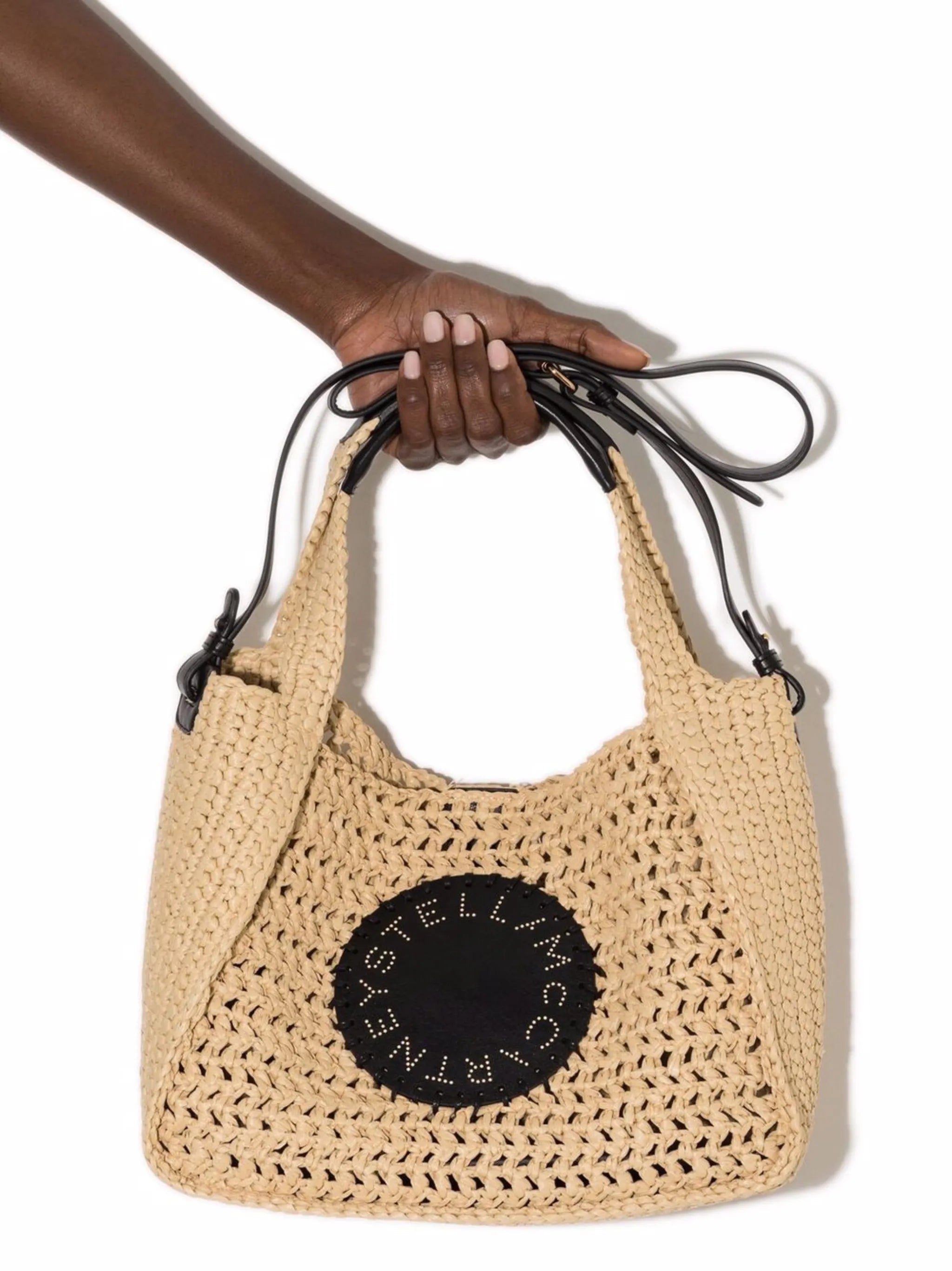 logo-patch woven raffia tote bag